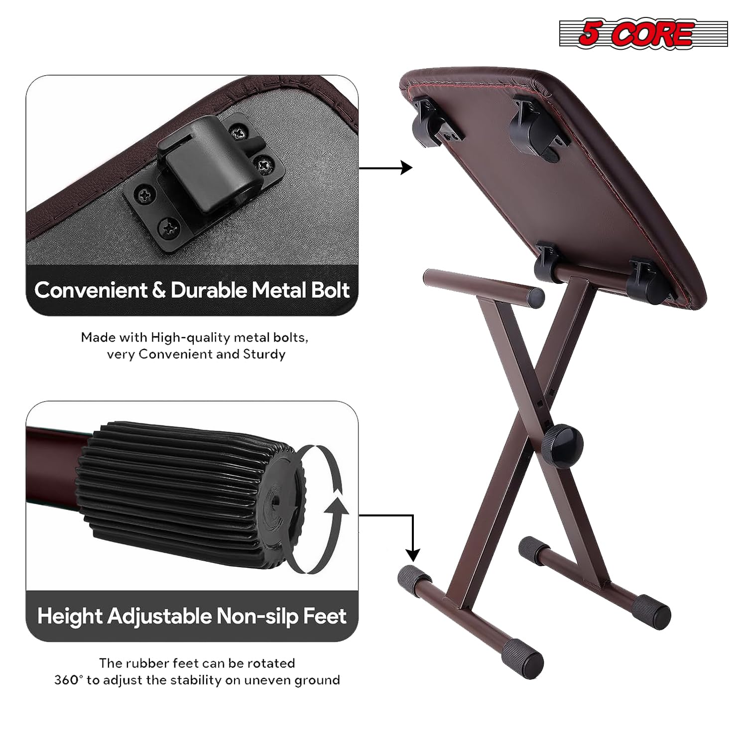 5 CORE Keyboard Bench X Style Padded Cushion Height Adjustable Piano Stool Seat Portable Keyboard
