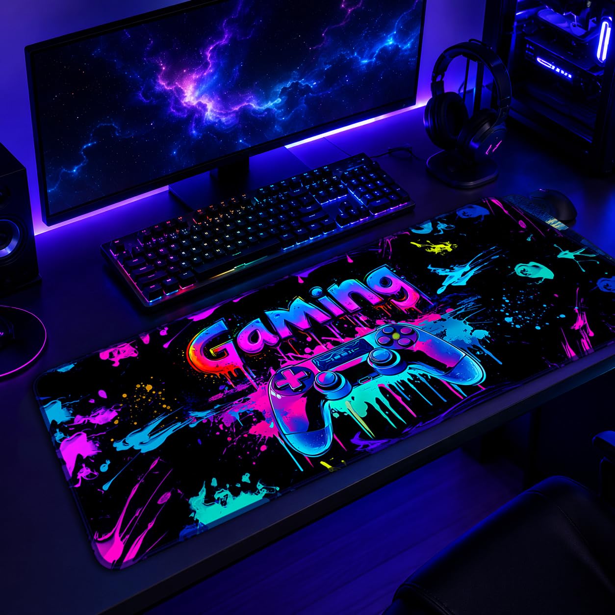 SparkLia Gaming Mouse Pad, X-Large Waterproof Blacklight Colorful Splatter Art Game Controller