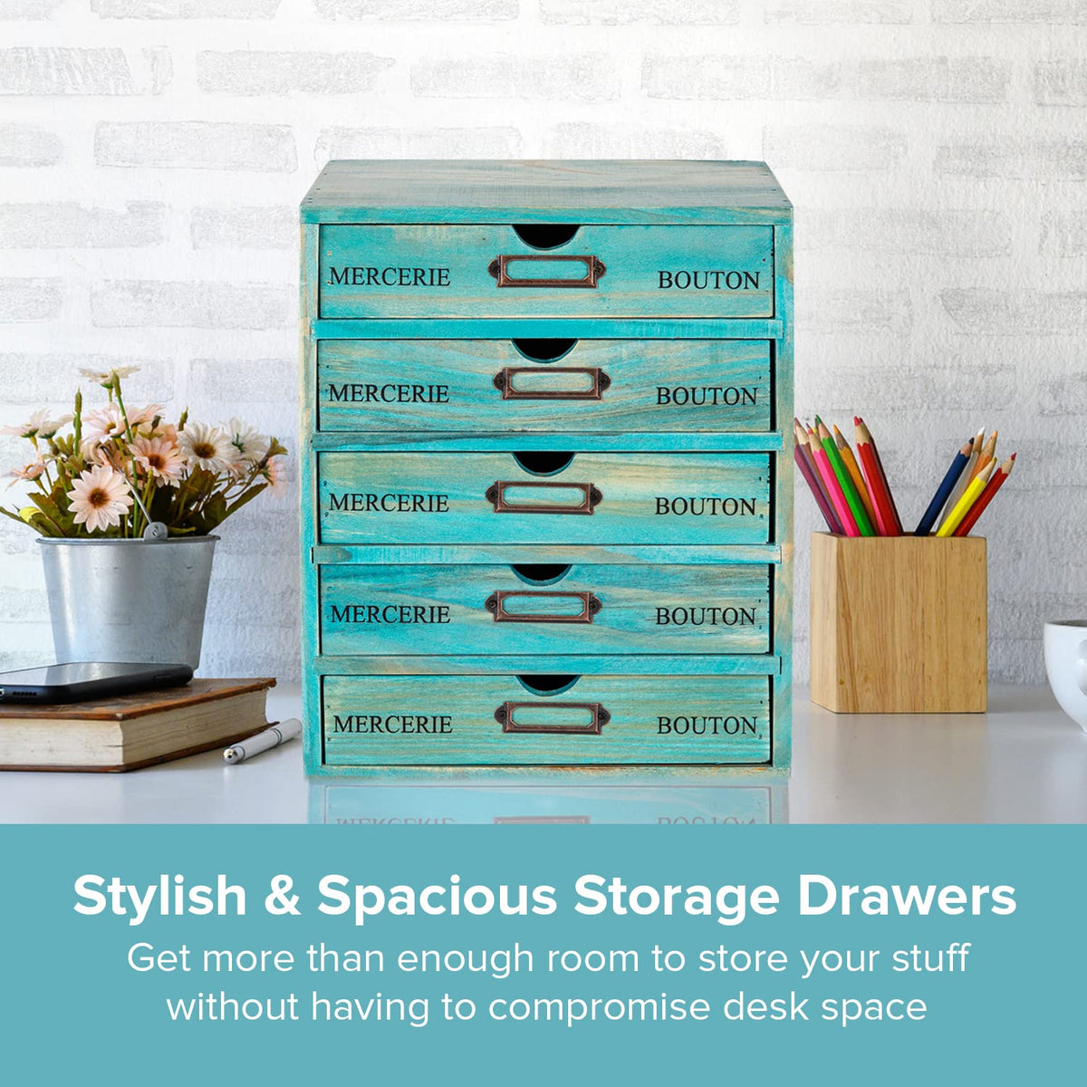 Turquoise 5-Tier Drawer Desktop Curio Cabinet - French Farmhouse Country Desk Organizer Box
