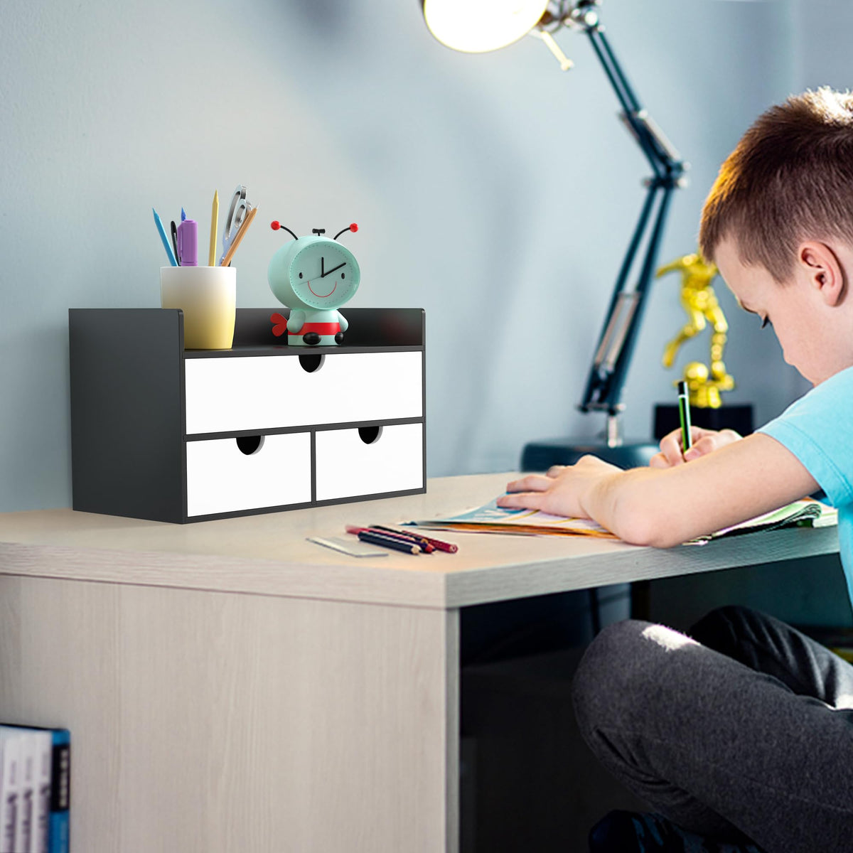 Bamboo Desk Organizer with Drawers, Desktop Storage for Office Supplies