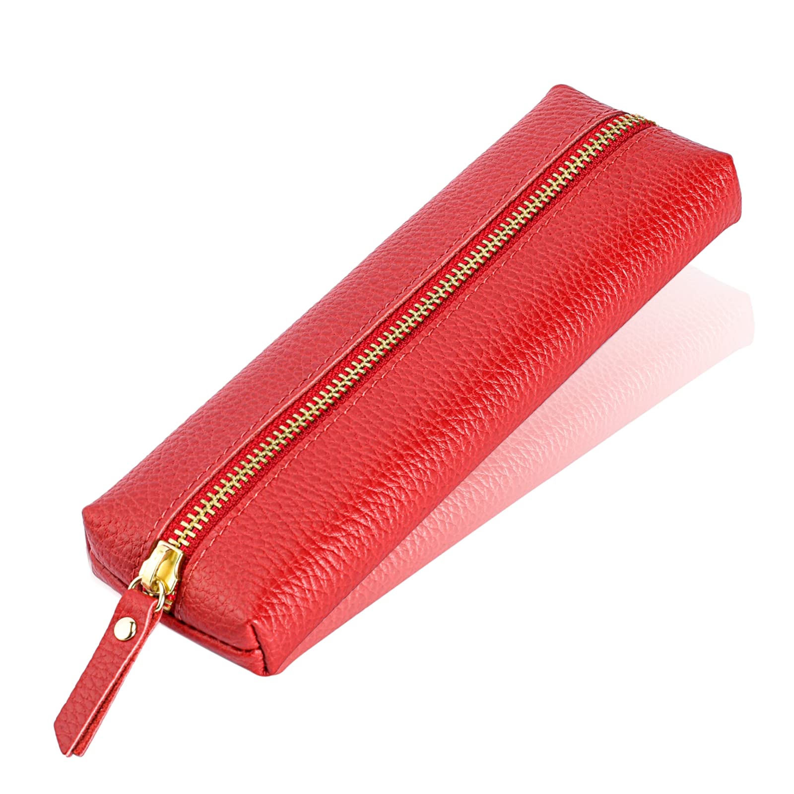 Sluxa Genuine leather pen case, Cowhide red pencil pouch with zipper, Soft pen bag for adults.