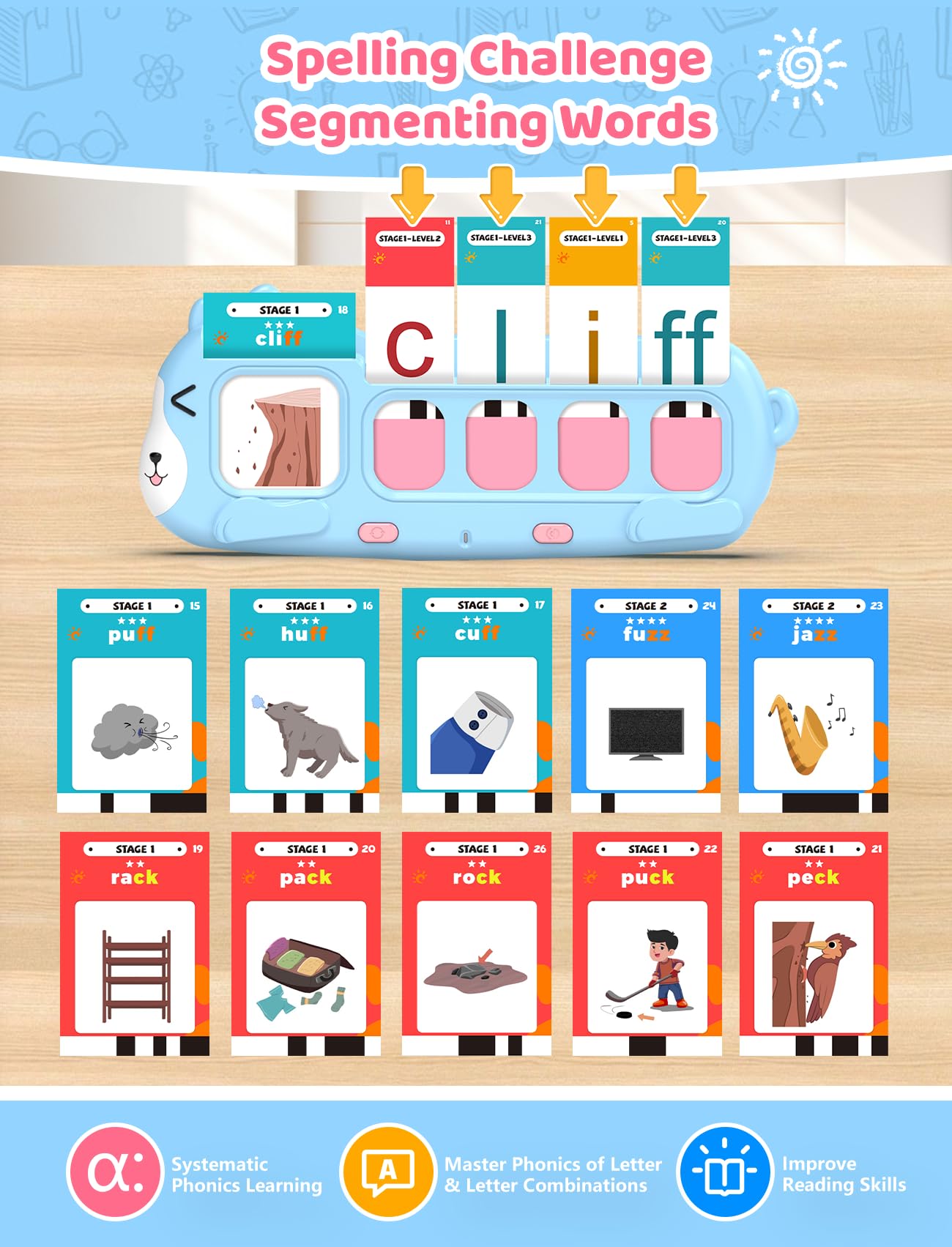 QuTZ Phonics Learning Toy for Preschool Kids – Talking Flash Cards with Sound Machine, Word