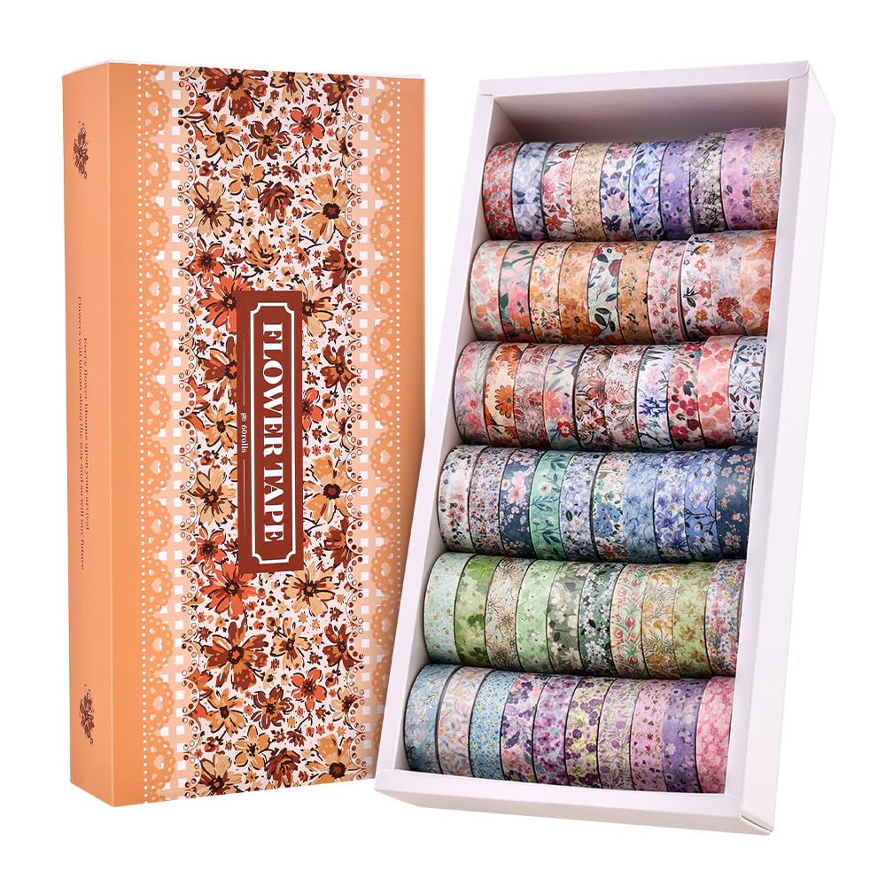 icceemee 60 Rolls Flowers Theme Washi Tape Set with Different Colorful Patterns, Writable