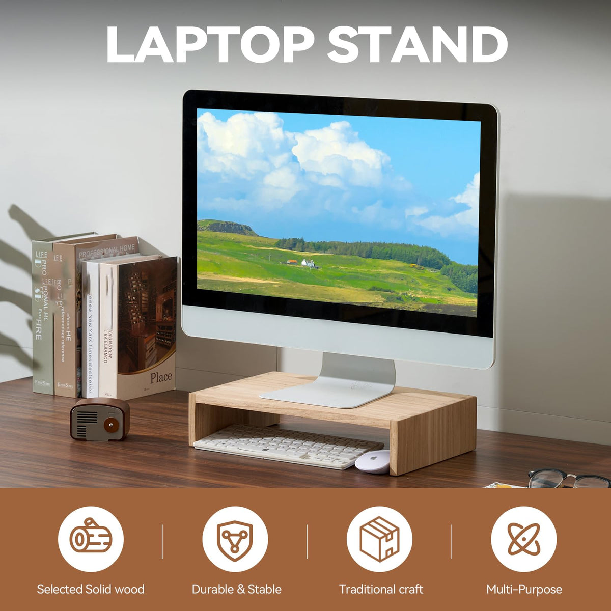 KIRIGEN Wood Monitor Stand Riser for Desk, 15.39 Inch, Natural 39-NA