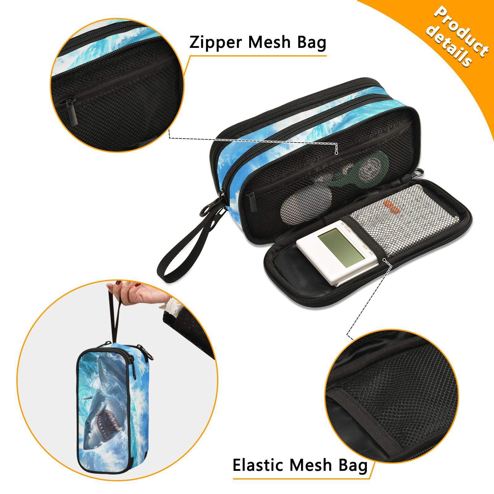BOENLE Custom Shark Blue Ocean Wave Pencil Case Box Boys Girls Personalized Name Large Pencil Pouch