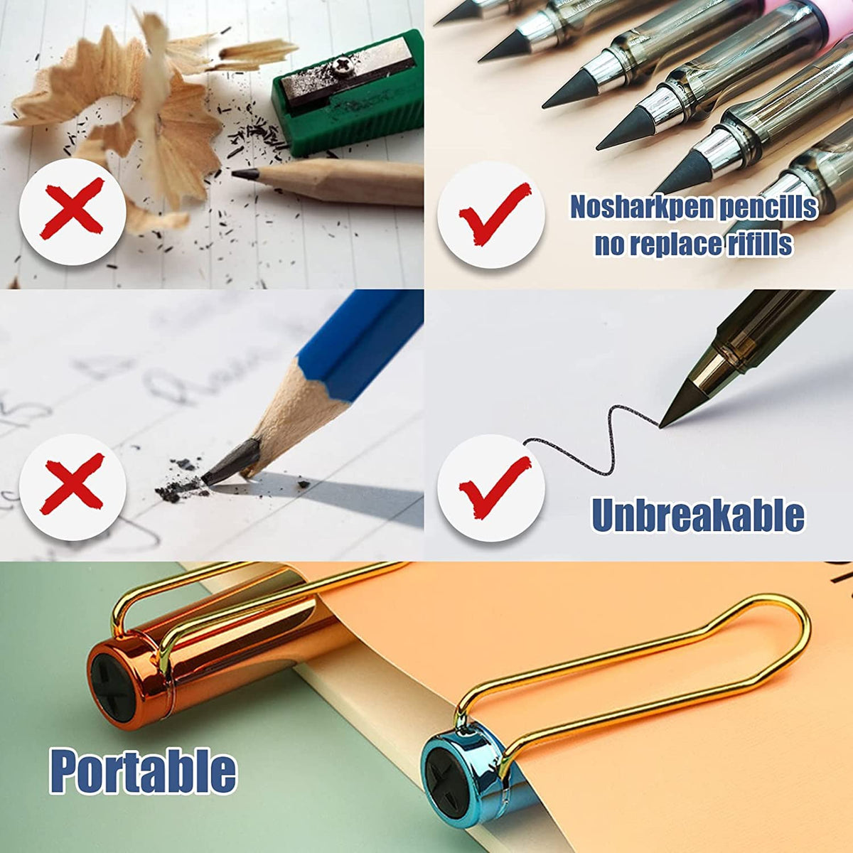 6 Pcs Inkless Eternal Pencils, Everlasting Infinity Magic Pencil with Eraser, Eternal Pencil For
