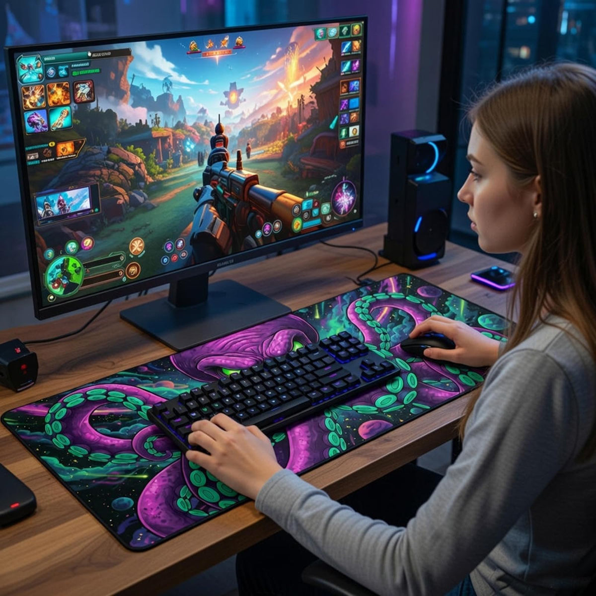 SparkLia Blacklight Octopus Mouse Pad – UV Reactive Neon Tentacle Galaxy Desk Mat, Glow in The Dark