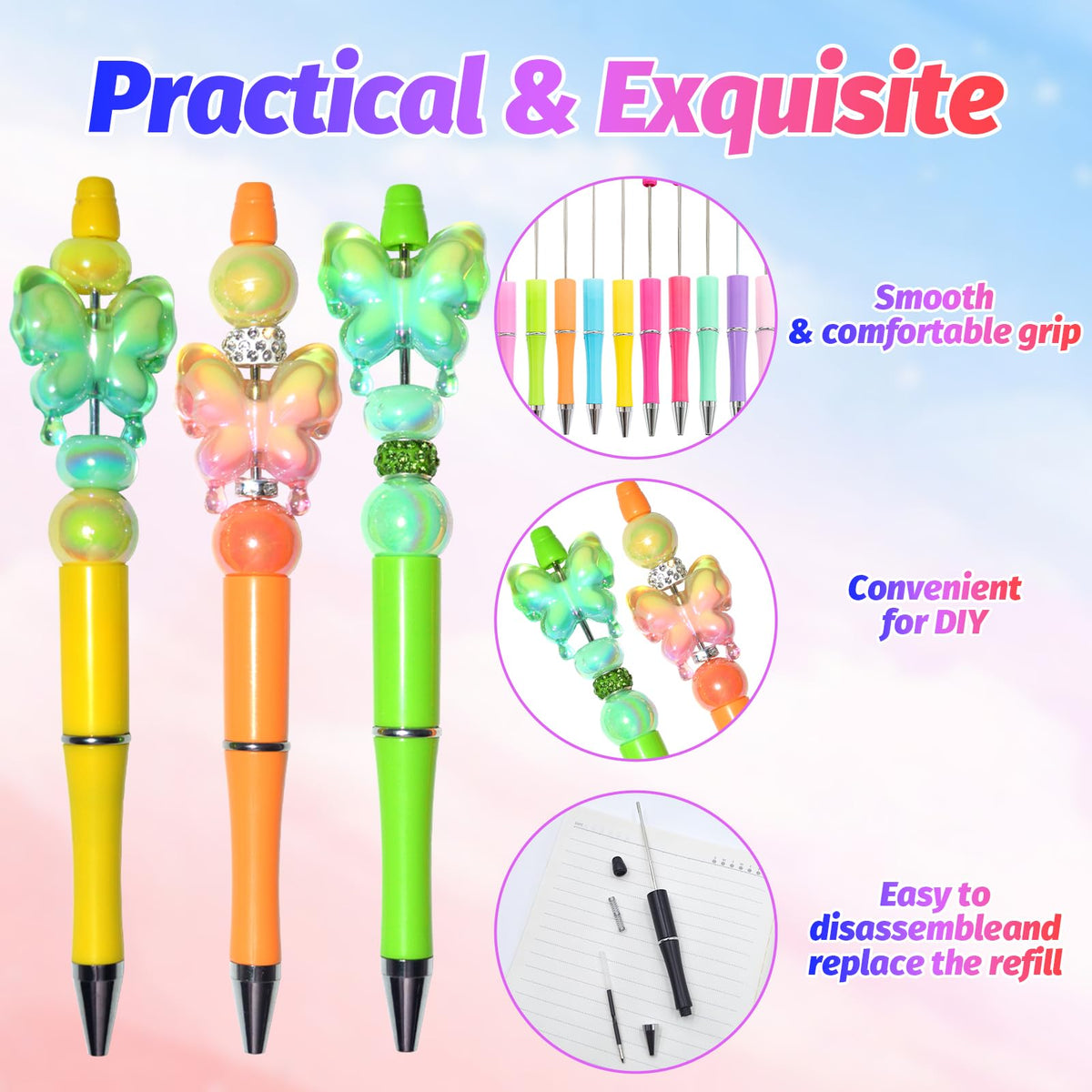 DASTTUIS 150 Pieces DIY Beadable Pen Kit – 50 Plastic Ballpoint Pens with Refills & Bags – School