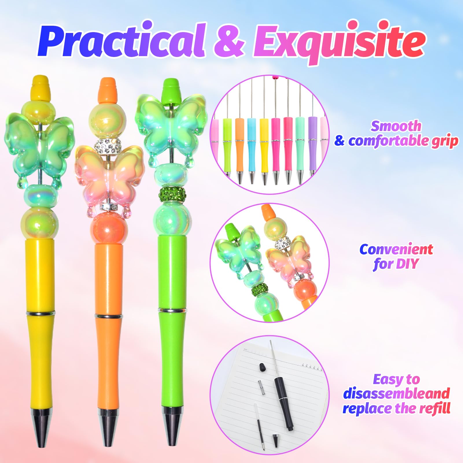 DASTTUIS 150 Pieces DIY Beadable Pen Kit – 50 Plastic Ballpoint Pens with Refills & Bags – School