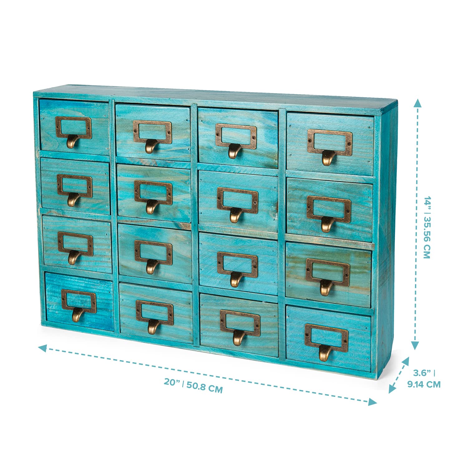 Teal 16-Slot Wooden Drawer Unit - Country Style Desk Organizer Box - 20"x3.6”x14” Wooden Storage