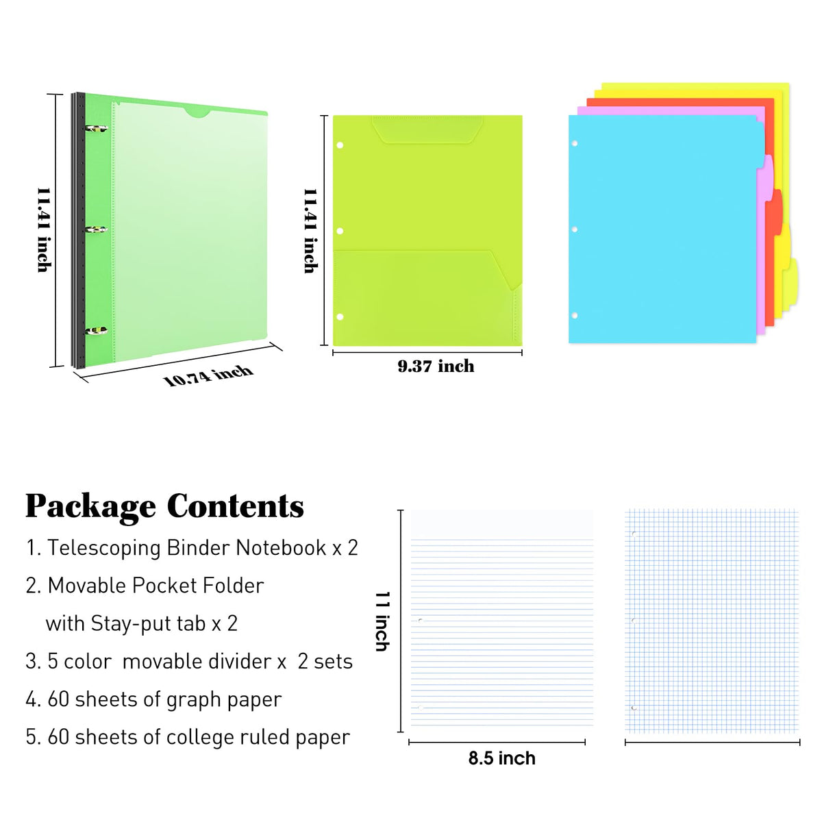 INFUN All-in-one Telescoping Binder Notebook - 2PCS，Refillable 3 Ring Notebook Binder with 1