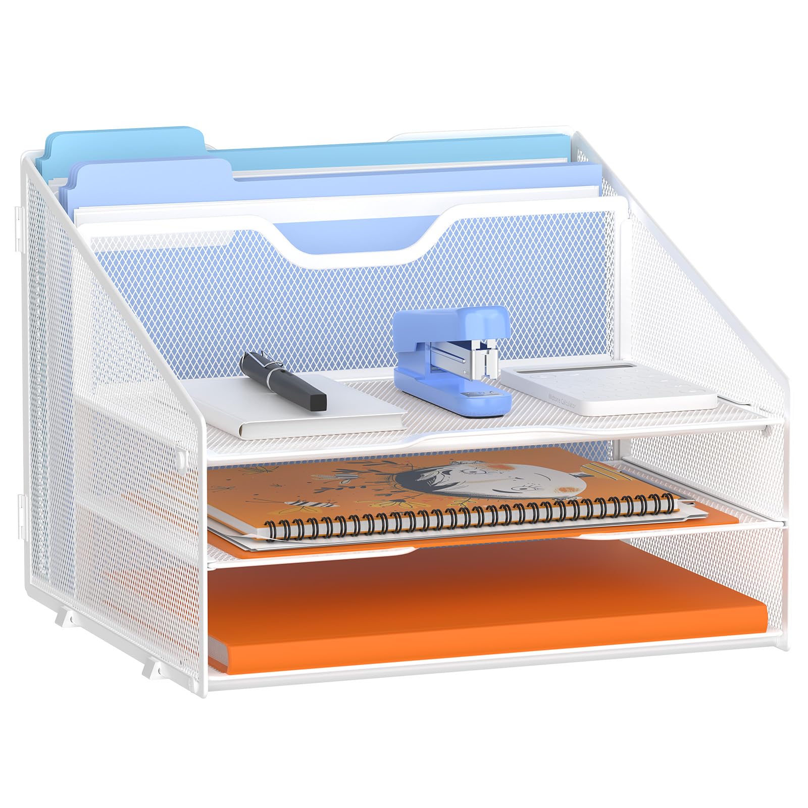 GAWERK Letter Tray Organizer, Mesh Desk File Organizer with 3 Paper Trays and 2 Vertical Upright
