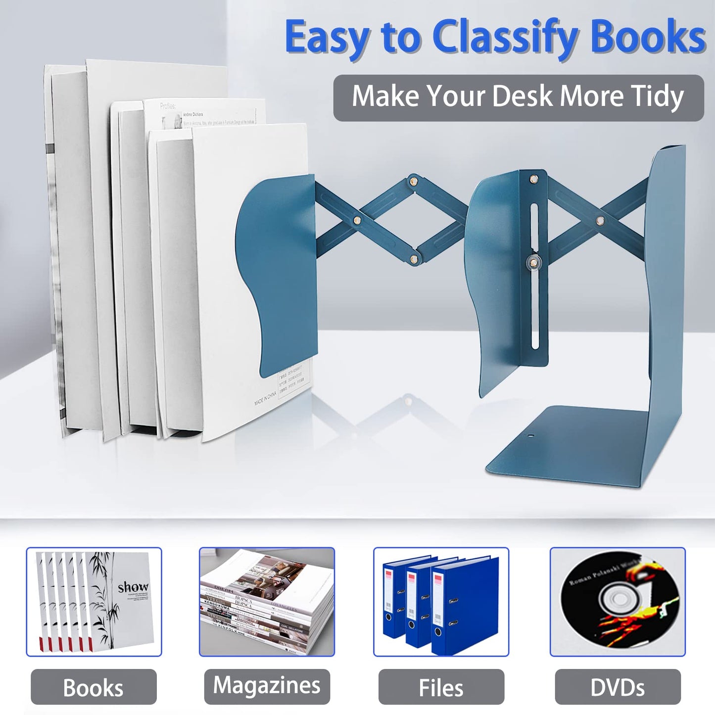 Non Skid Book Ends to Hold Books, Carooyac Heavy Duty Bookends Adjustable Book End, Metal Bookends