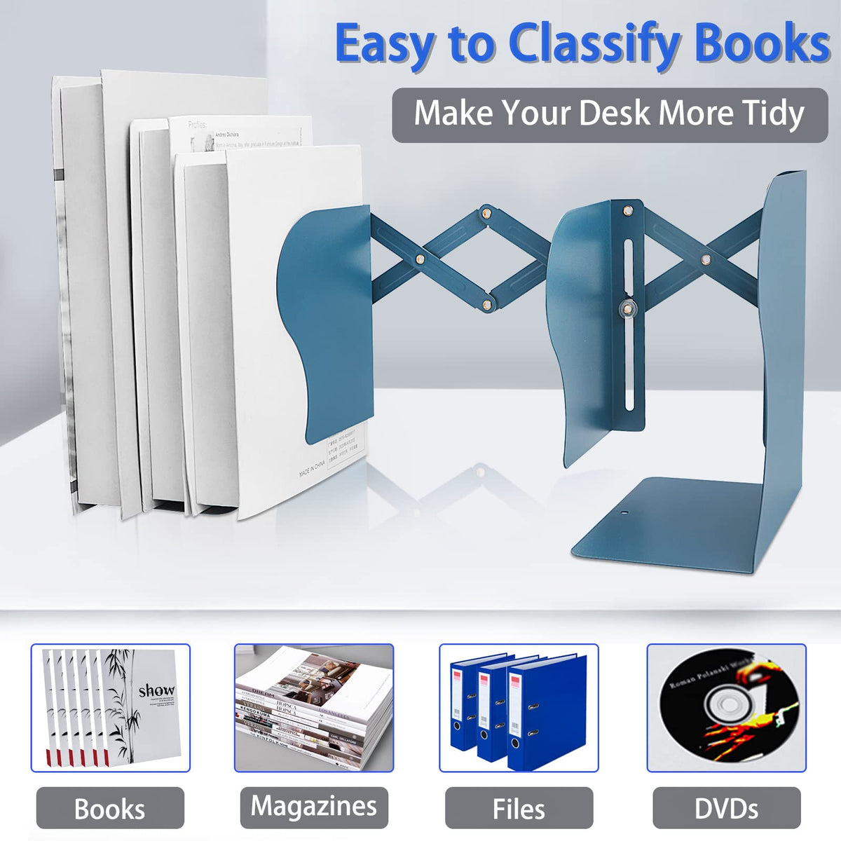 Non Skid Book Ends to Hold Books, Carooyac Heavy Duty Bookends Adjustable Book End, Metal Bookends