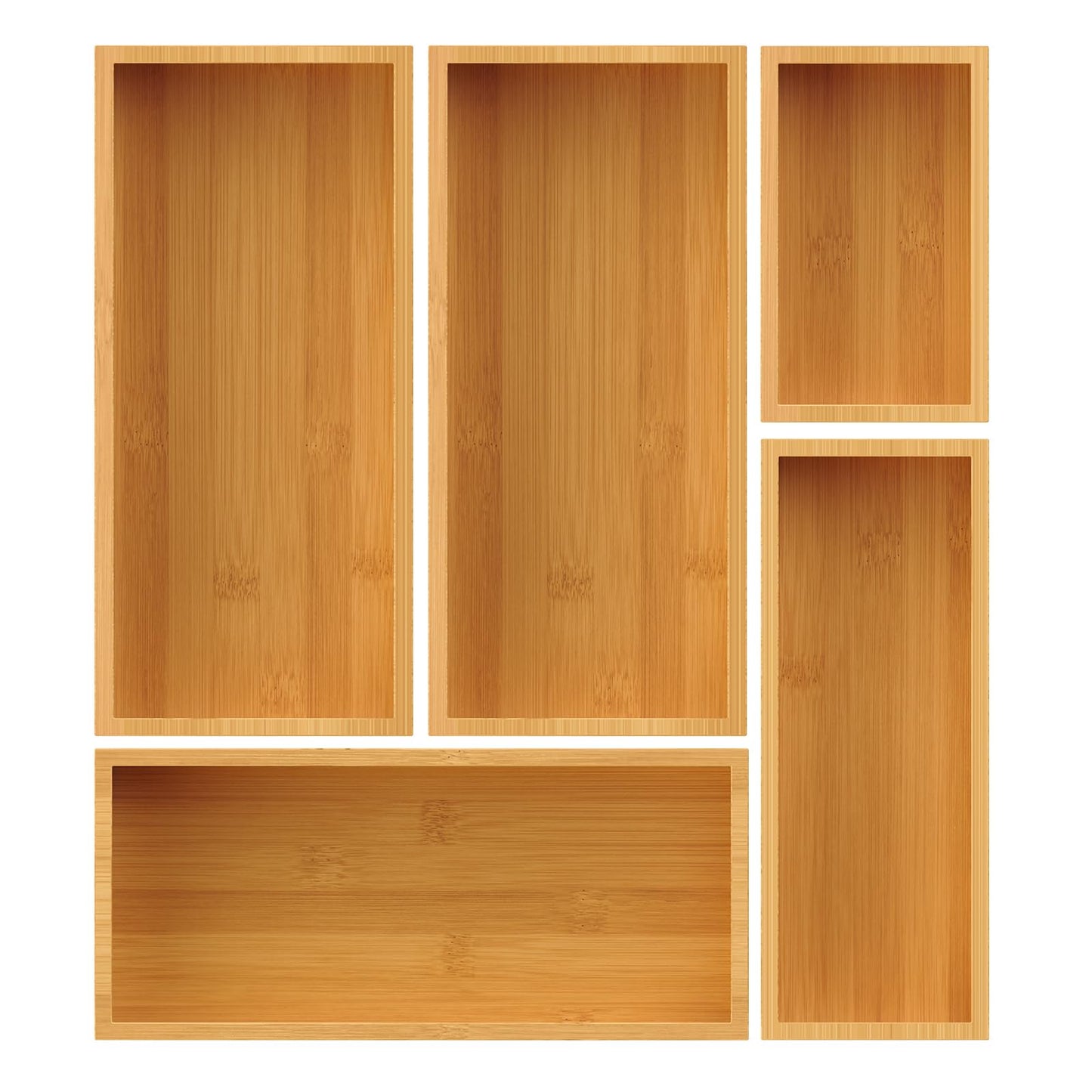 Bayting Bamboo Drawer Organizer Set, 5-Piece Storage Trays for Kitchen, Bathroom, Office Desk