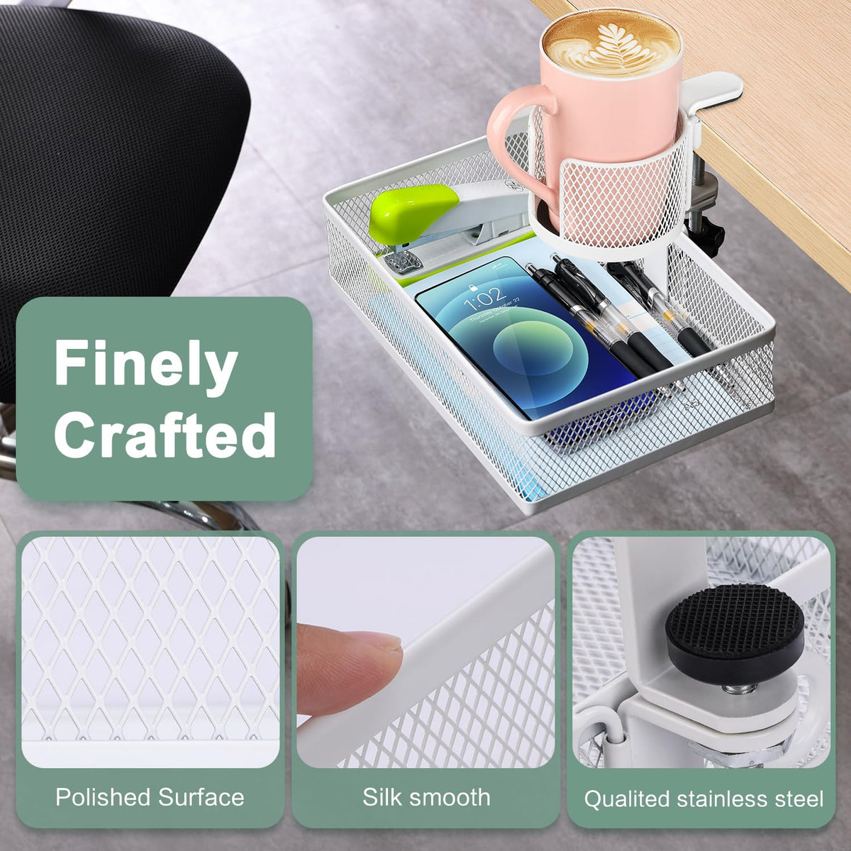 ROSYLINE Rotary Under Desk Storage Organizer with Cup Holder & Drawer Tray