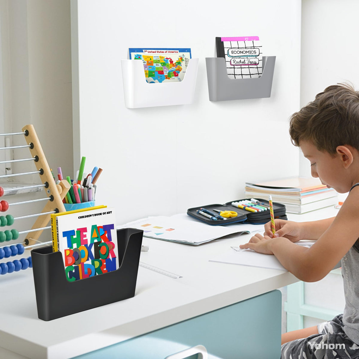 YOHOM Adhesive File Holder Plastic Document Folder Door No Drilling Mount Mail Magazine Organizer