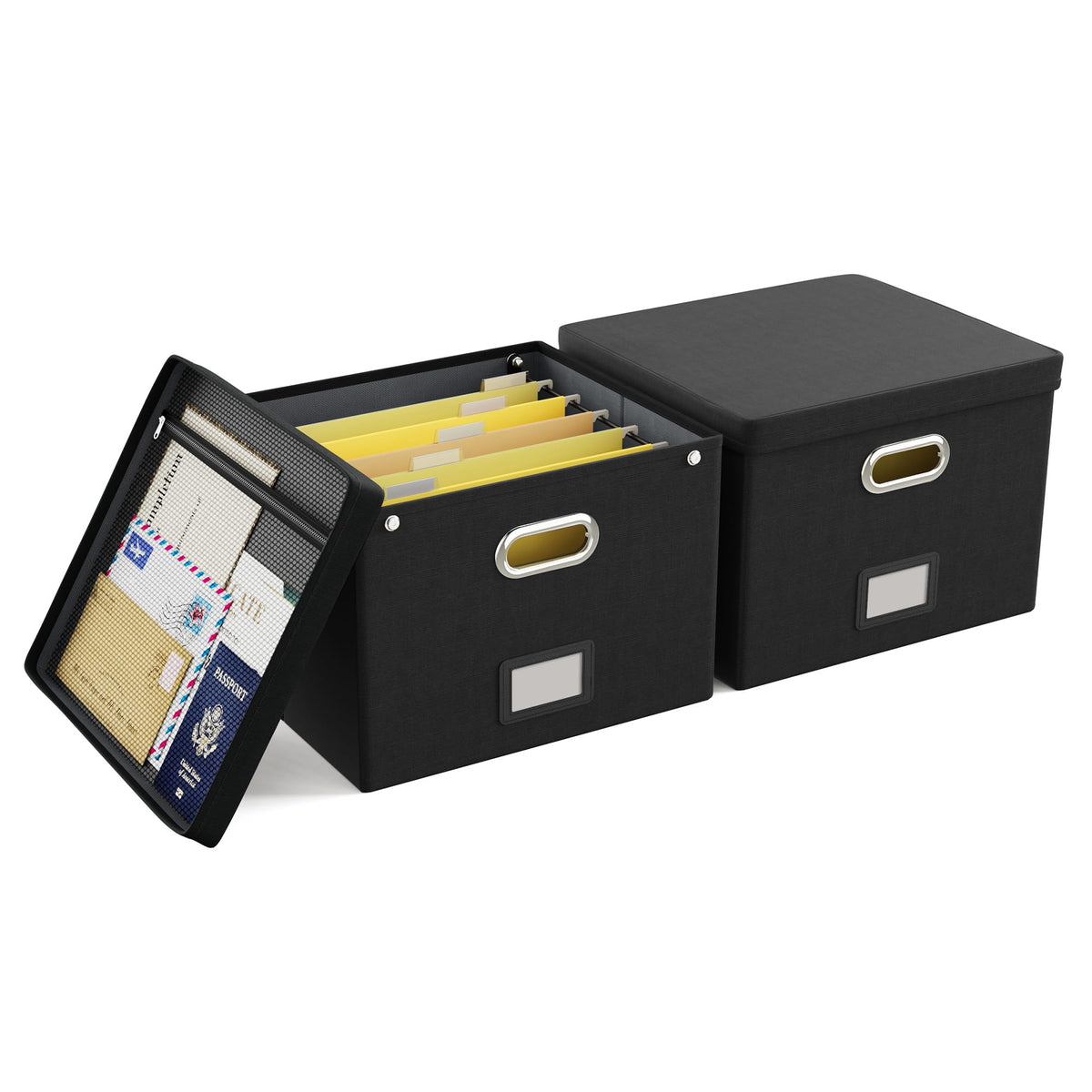 2 Pack File Organizer Box with Lid, Large Hanging Filing Box with Mesh Pocket, Document Organizer