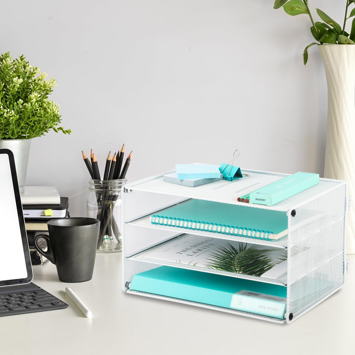 EASEPRES 3 Tier Mesh Desk Organizer Tray, Desktop Mail File Paper Letter Folder Holder Sorter