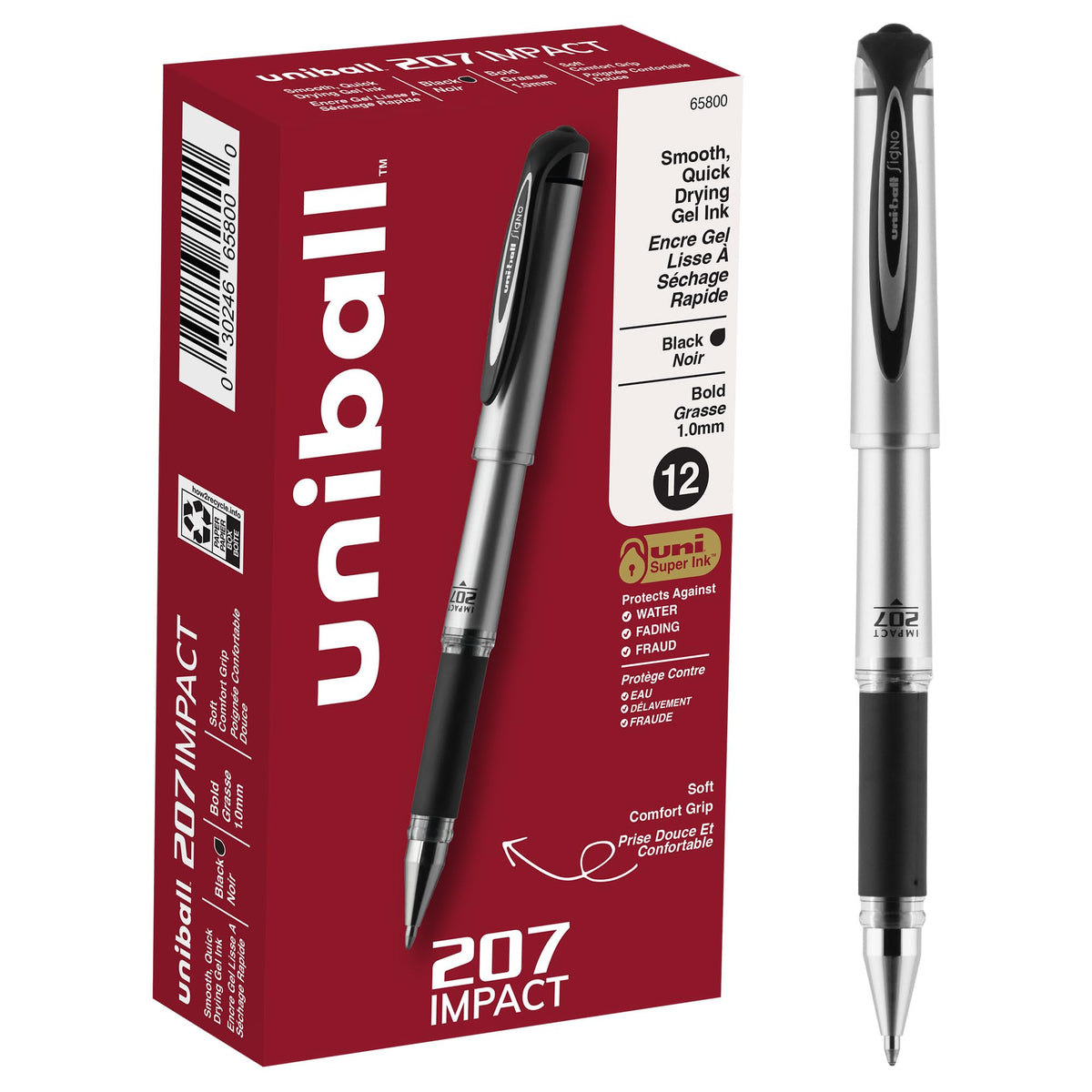 uniball™ 207 Impact Gel Pens, Bold Point (1.0mm), Black, 12 Pack