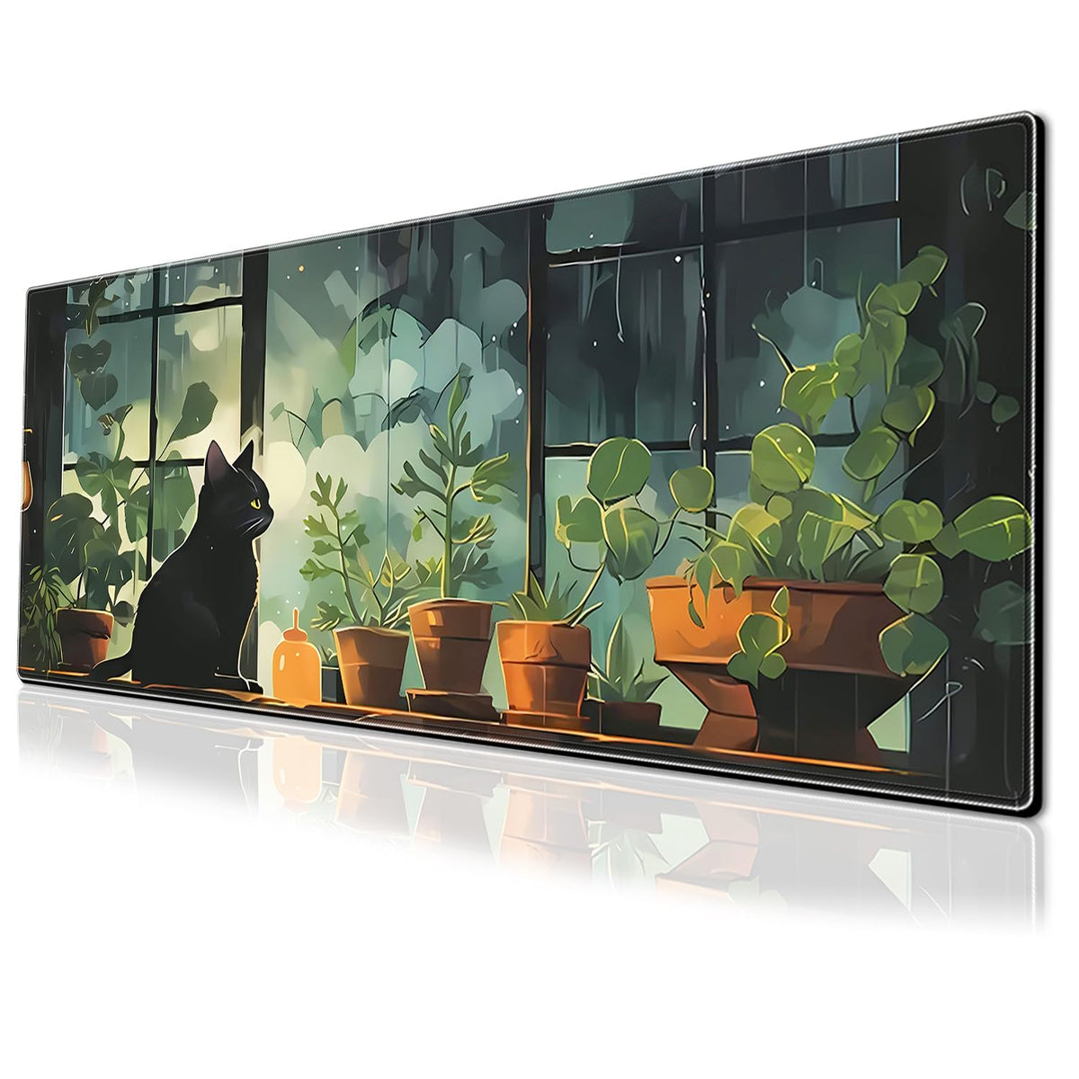 Cute Black cat Gaming Mouse Pad Green Plants Large Desk Mat, 31.5x11.8 Inch Mousepad Extended