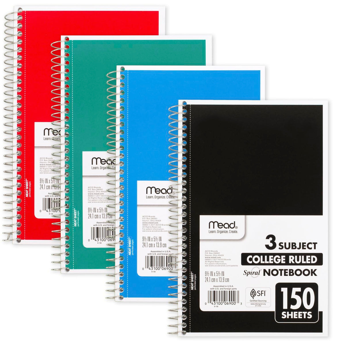 Mead Small Spiral Notebook, 3-Subject, College Ruled Paper, 9-1/2" x 5-1/2", 150 Sheets per