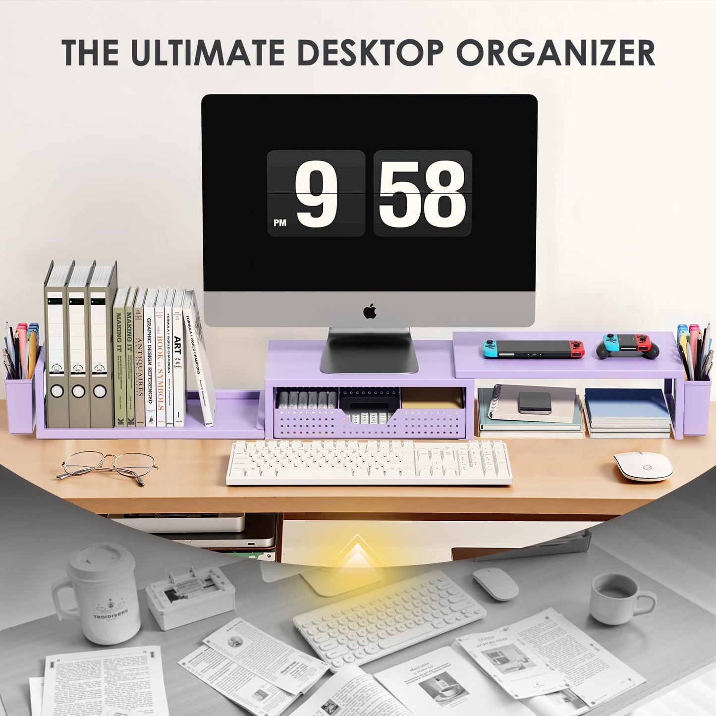 OPNICE Desk Organizers and Accessories, Dual Monitor Stand Riser with Drawer and 2 Pen Holders