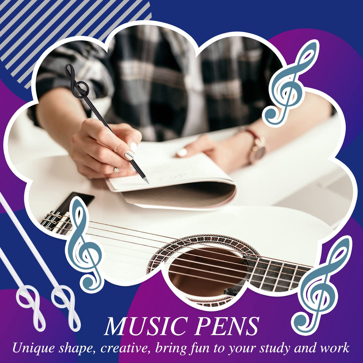 Lincia 100 Pcs Music Note Pens Bulk Musical Ballpoint Pens, Black, White