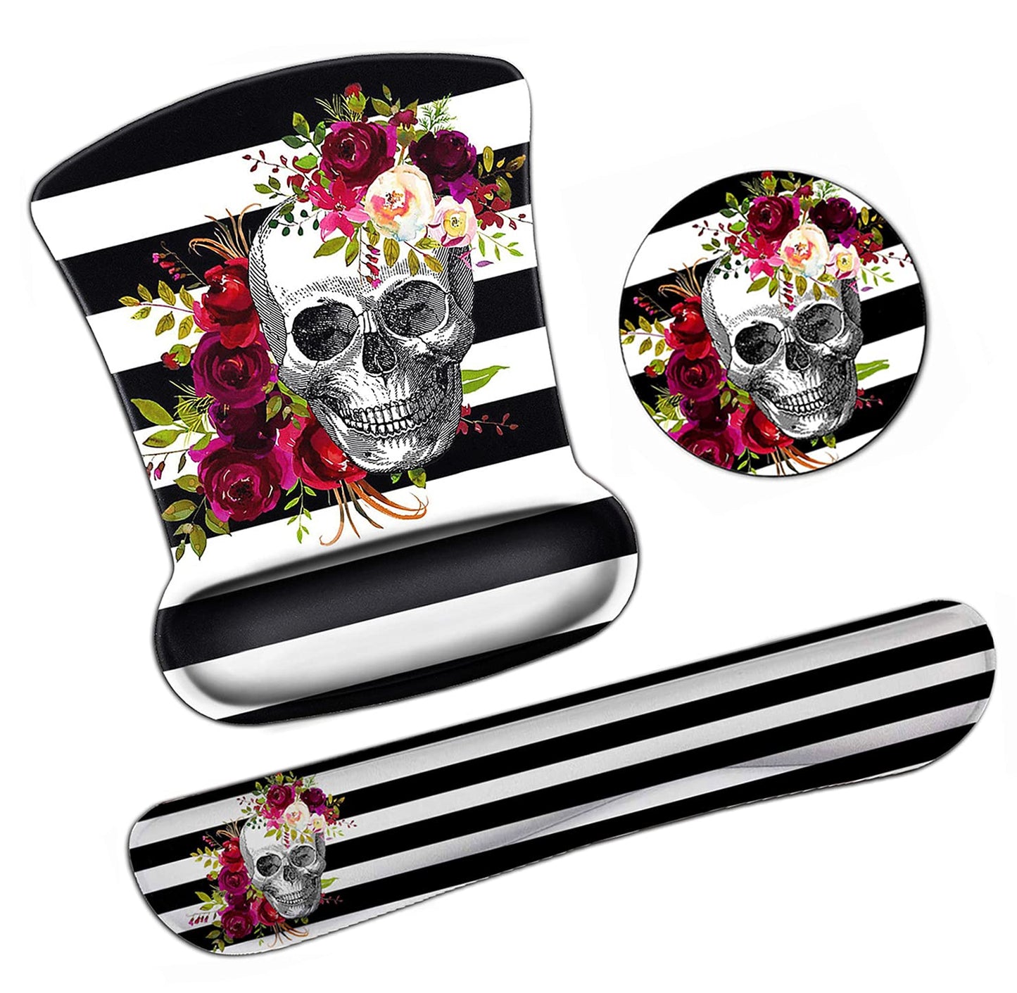 Ergonomic Mouse Pad Wrist Support Gel and Keyboard Wrist Rest Set Skull Flower Design for Laptop