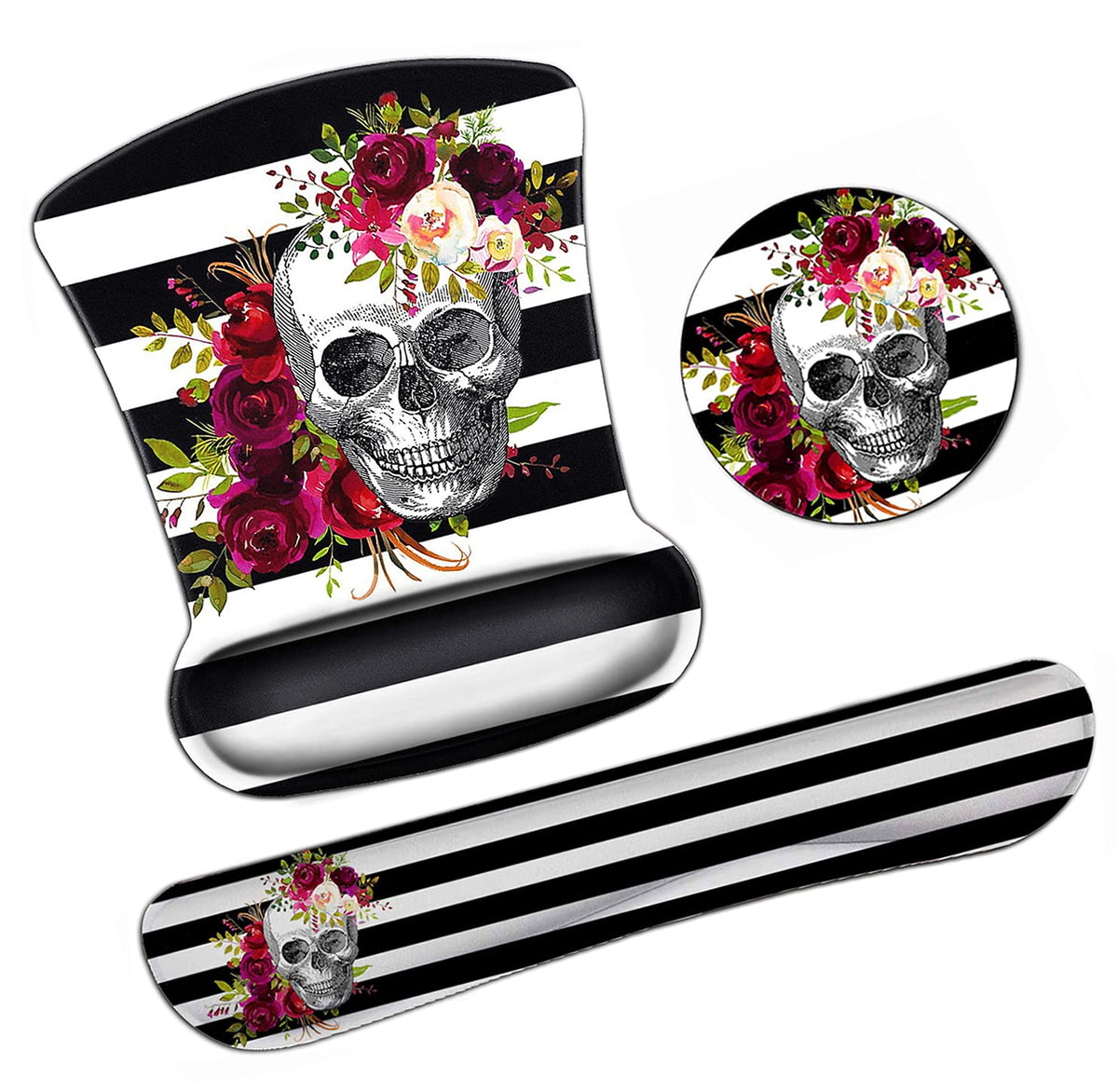 Ergonomic Mouse Pad Wrist Support Gel and Keyboard Wrist Rest Set Skull Flower Design for Laptop