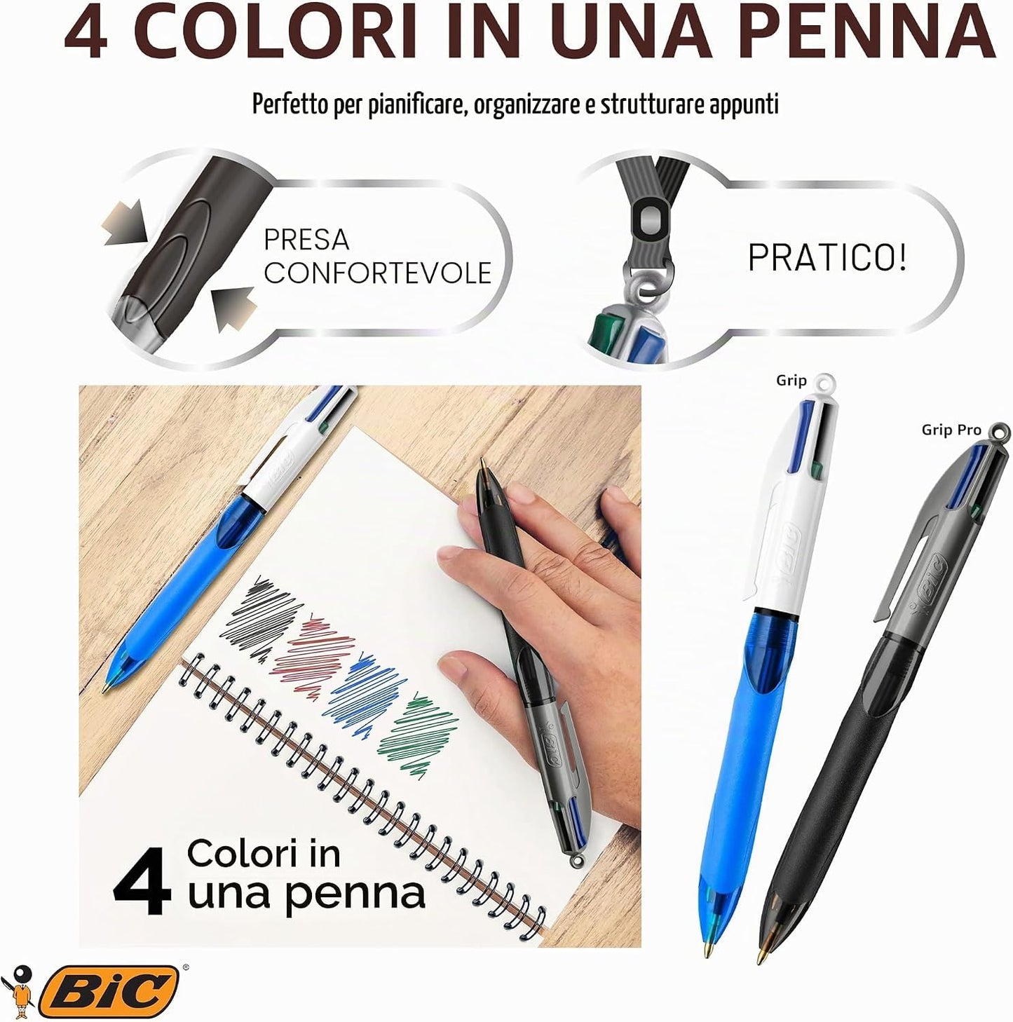 BIC 4 Colours Grip Pro Retractable Medium Point (1.0 mm) Ballpoint Pens, 12 Pens and Each Pen