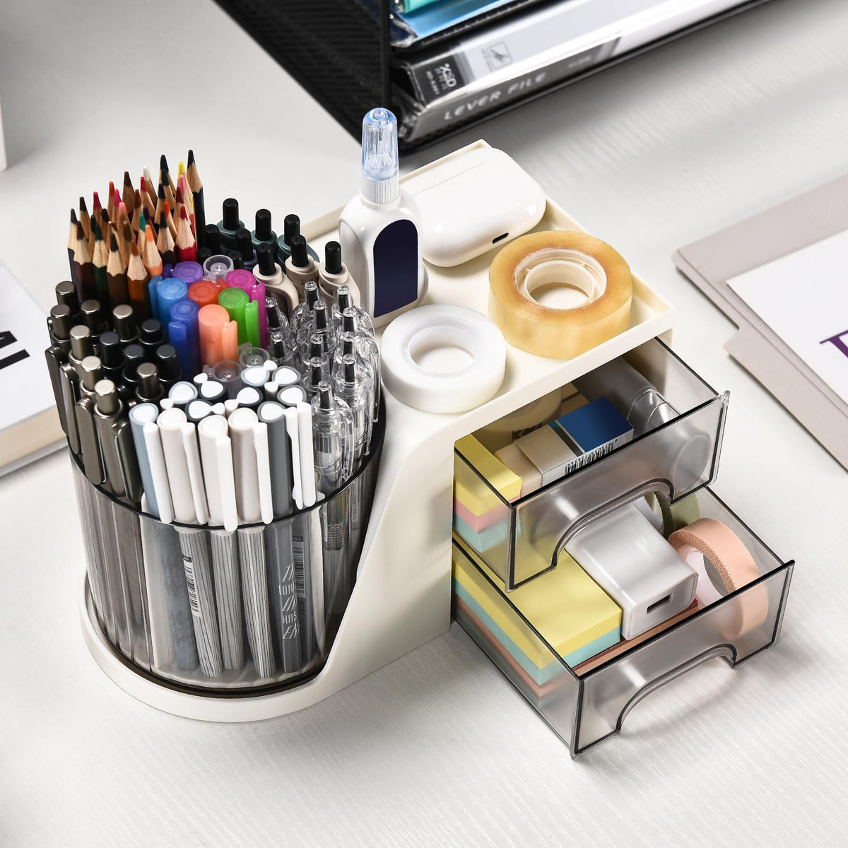 GGIANTGO Rotating Desk Organizer with 2 Drawer, Pencil Pen Holder for Desk, Desk Organizers and