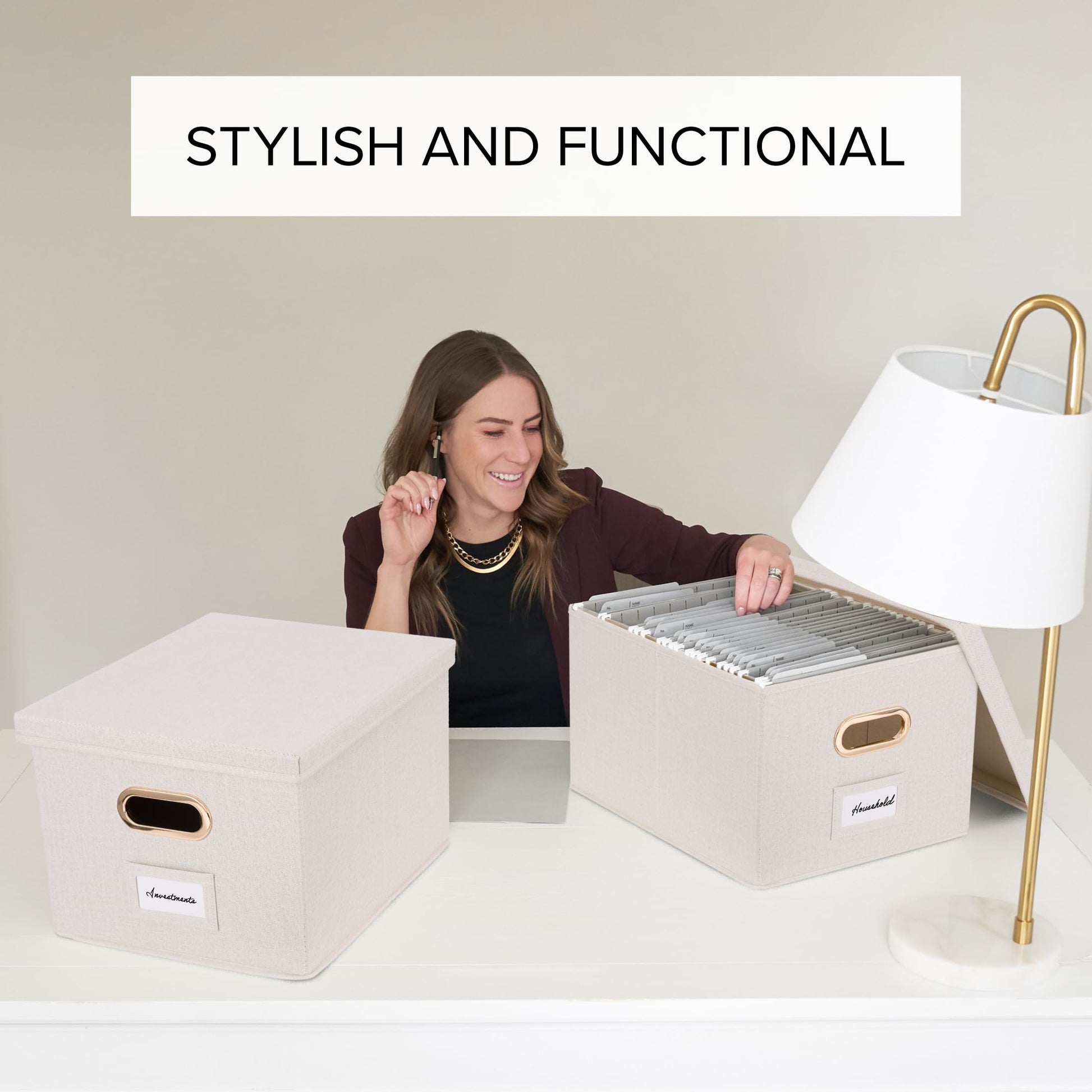 Decorative File Organizer Box Set of 2 - Collapsible Linen Filing Cabinets