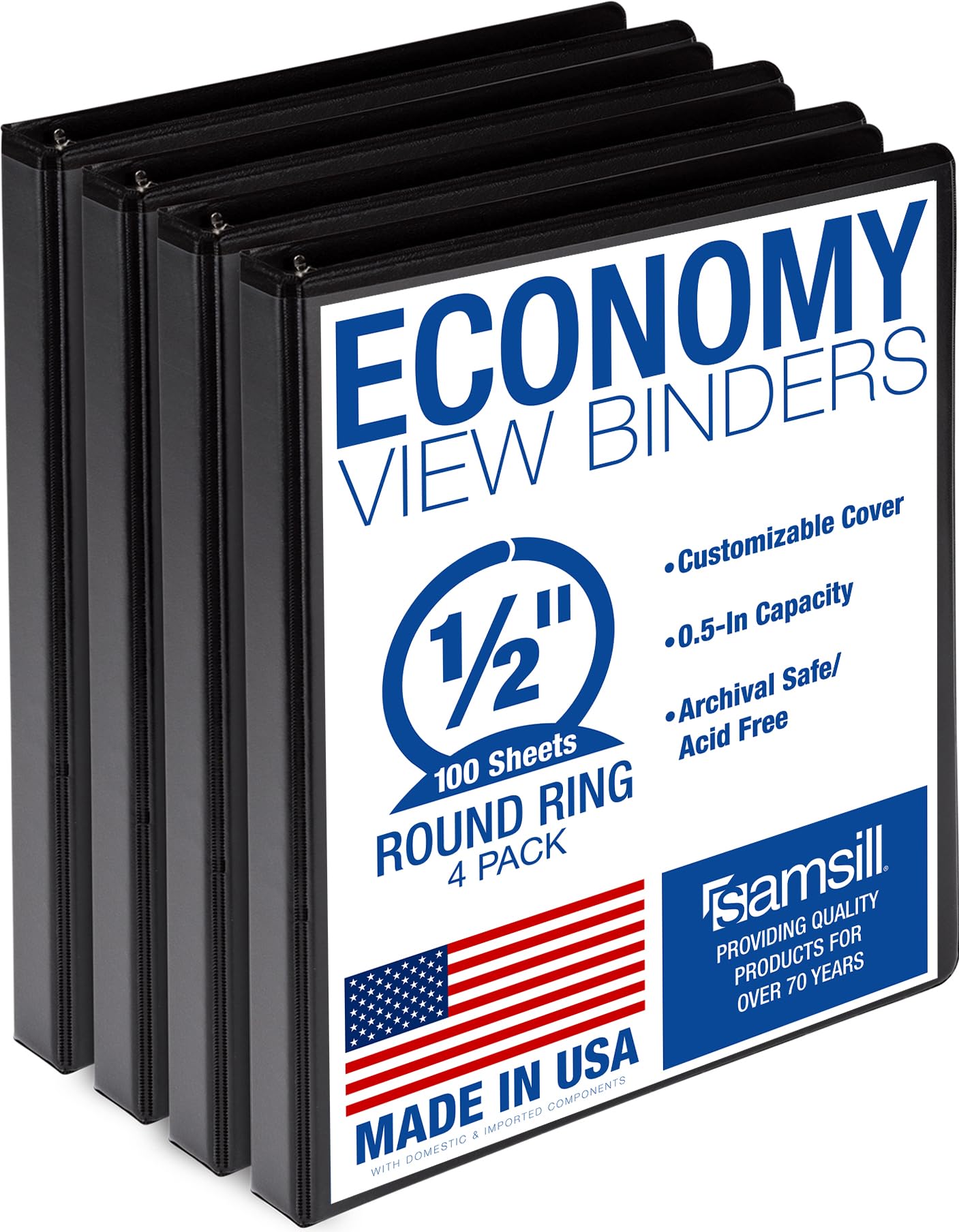 Samsill 0.5 Inch 3 Ring Binders, Economy Round Ring, Clear View Cover, 100 Sheet Capacity - for