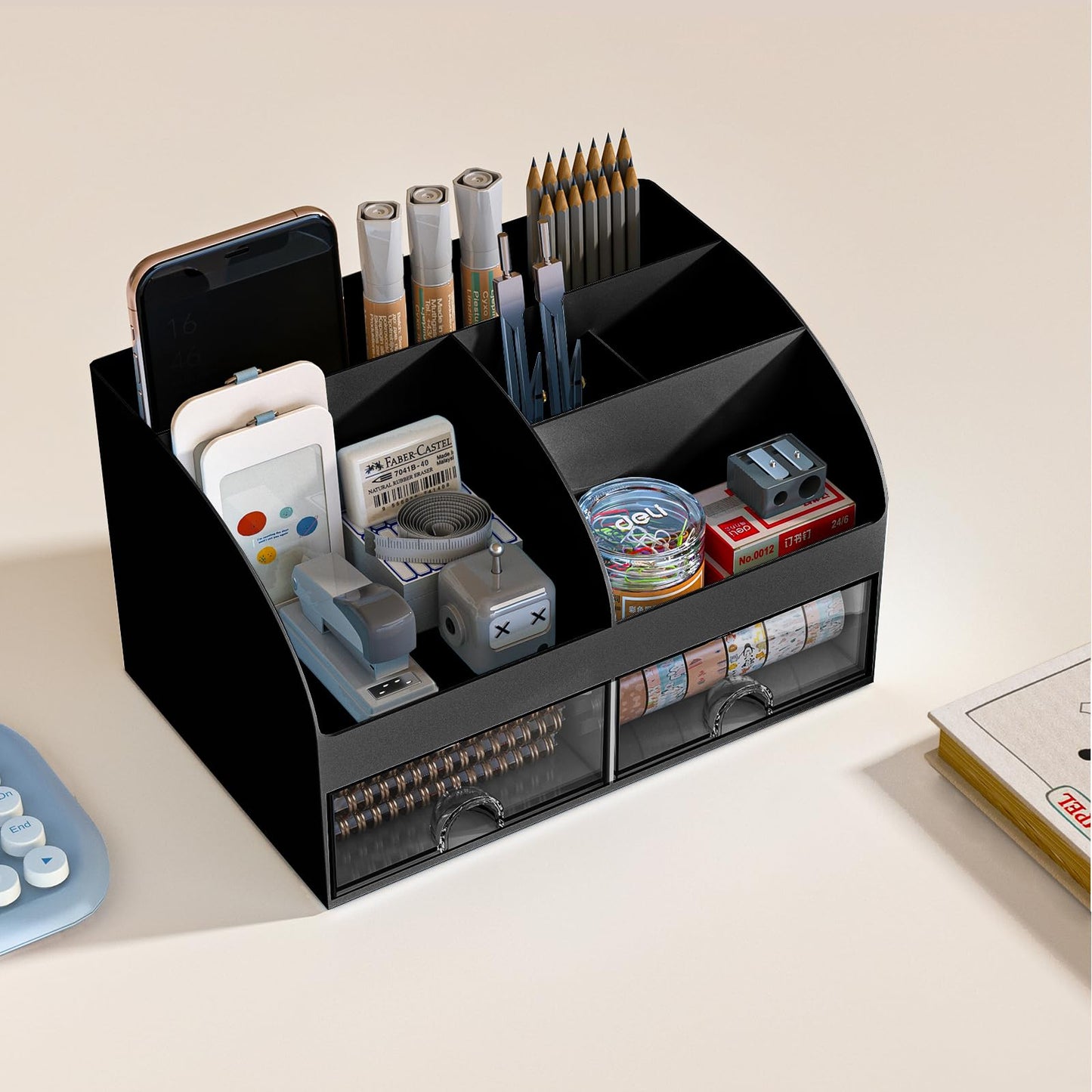 COMFYROOM Desk Organizer with 6 Compartments and 2 Drawers, Plastic Makeup Organizer, Pen Holder