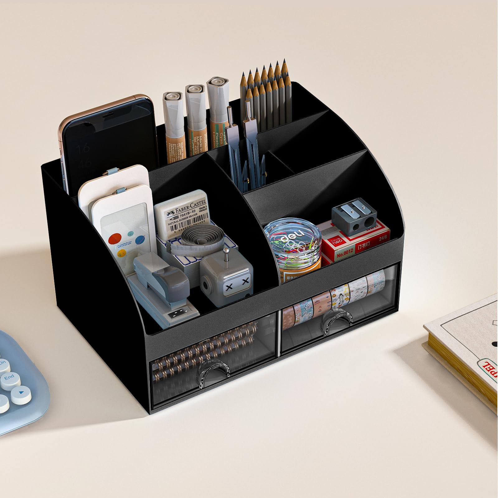 COMFYROOM Desk Organizer with 6 Compartments and 2 Drawers, Plastic Makeup Organizer, Pen Holder