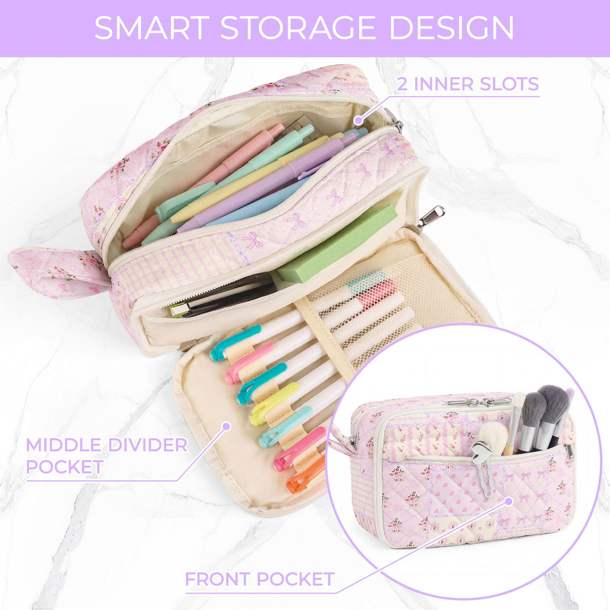 WOBAGMEN Quilted Pencil Pouch for Girls Women, Large Pencil Case Pouch with Compartments Cute