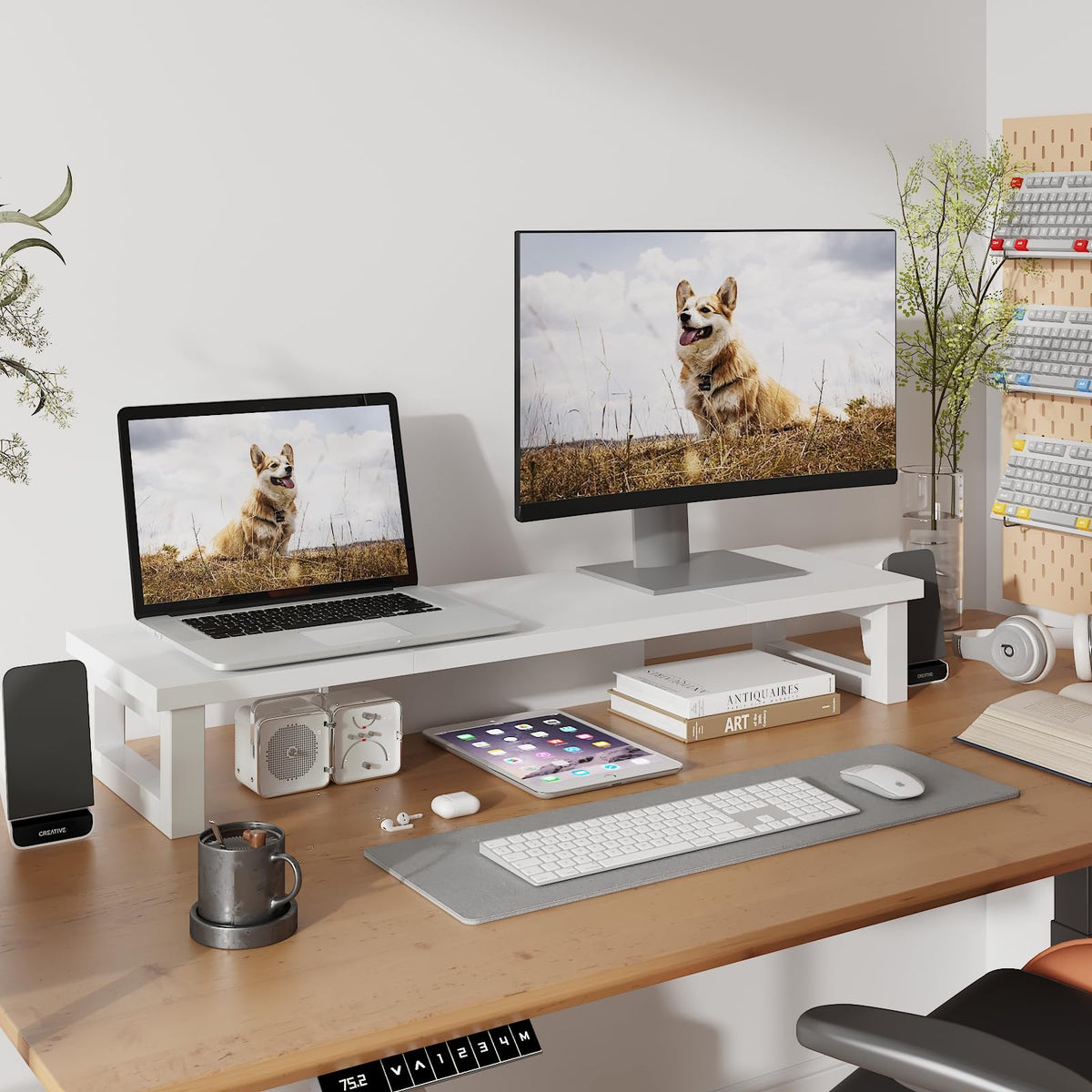 WESTREE Dual Monitor Stand Riser, Wood and Steel Monitor Stand Riser, Computer Monitor Stand for 2