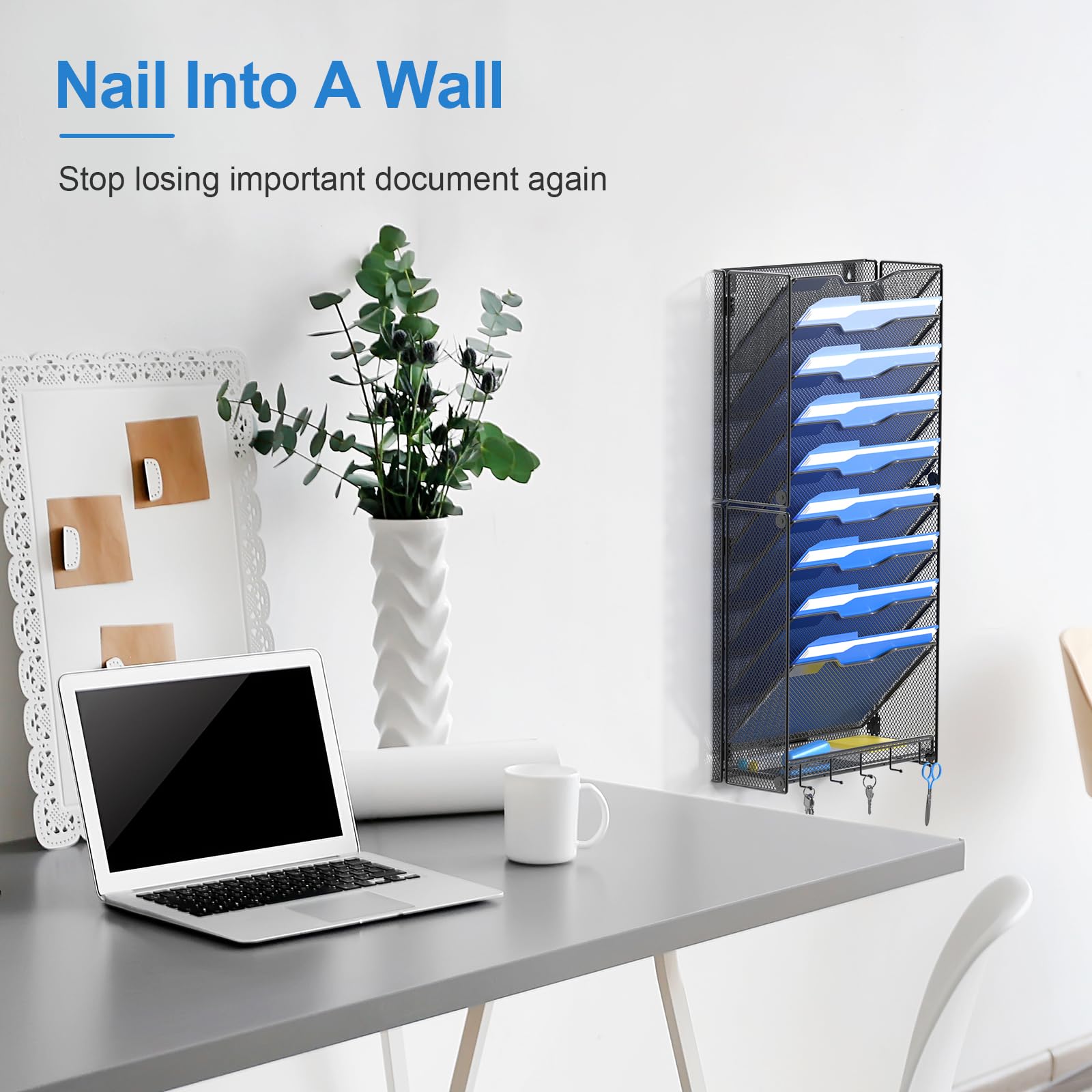 OUTWOLF 10 Tier Hanging Wall File Organizer Wall Mount Paper Document Folder Holder with Hooks for