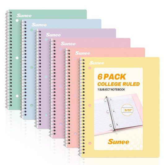 SUNEE Spiral Notebooks, 6 Pack, 1-Subject, College Ruled Paper, 8" x 10-1/2", 70 Sheets per