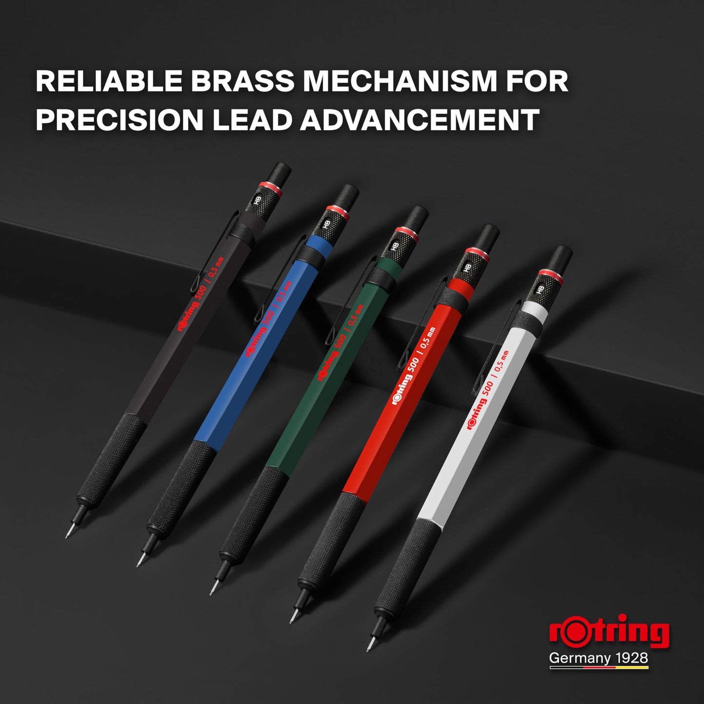 rOtring 500 Mechanical Pencil, White Hexagonal Plastic Barrel and Non-Slip Textured Metal Grip