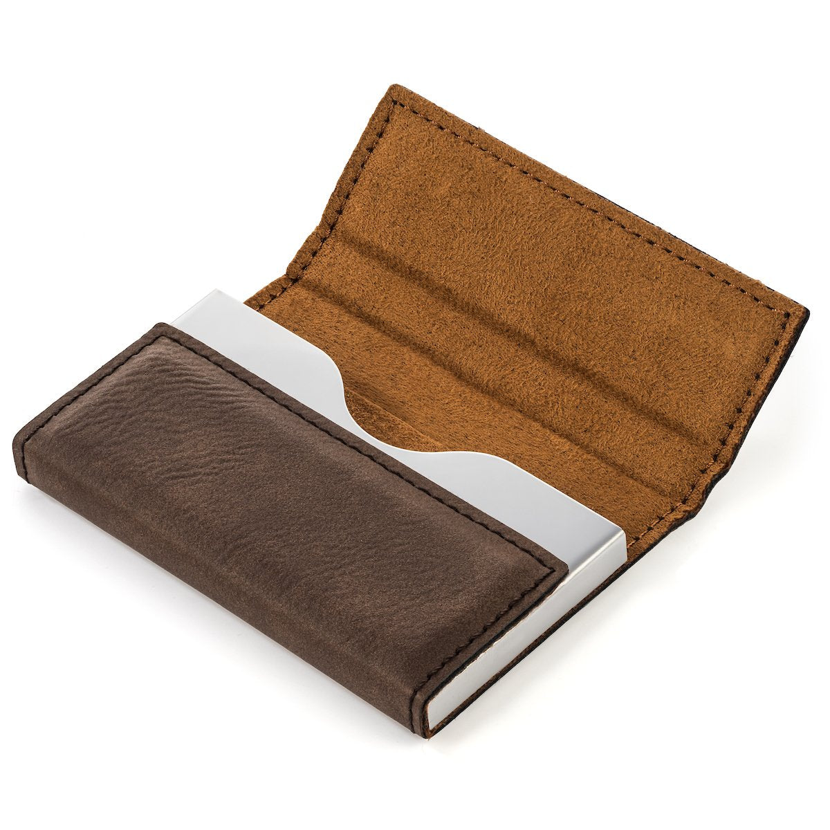 Daylor Engraved Brown Leather & Stainless Steel Business Card Holder Case Personalized Custom
