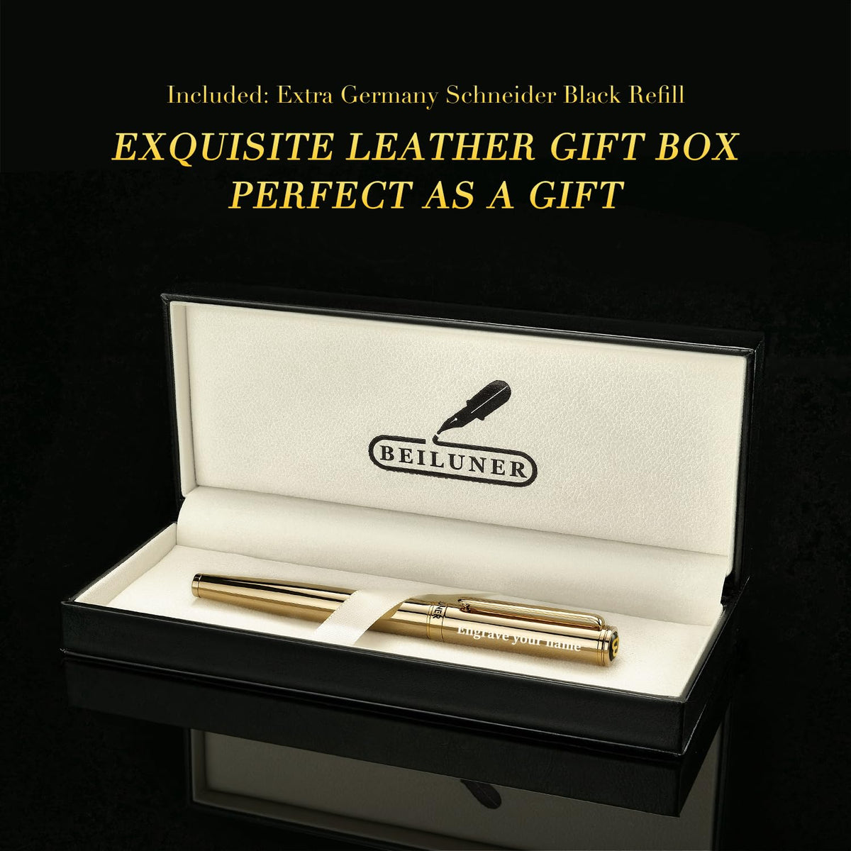 BEILUNER Gold Personalized Fountain Pen,Stunning Luxury Surface,24K Gilded Nib(Fine),Gorgeous 24K