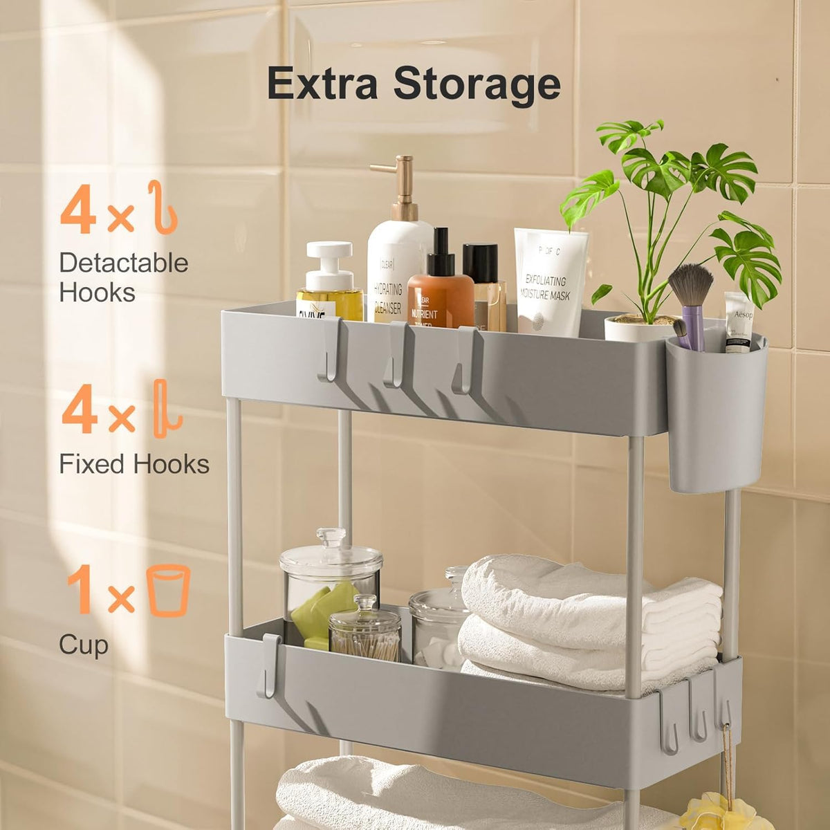 Pipishell 4 Tier Slim Storage Cart with Wheels, Laundry Cart, Gray