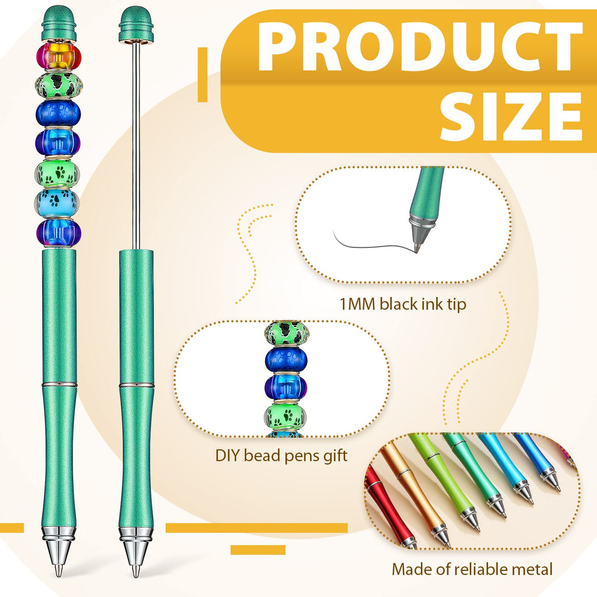 Chivao 50 Pieces Metal Beadable Pens Bulk Beaded Pens Black Ink Ballpoint with Refills Assorted