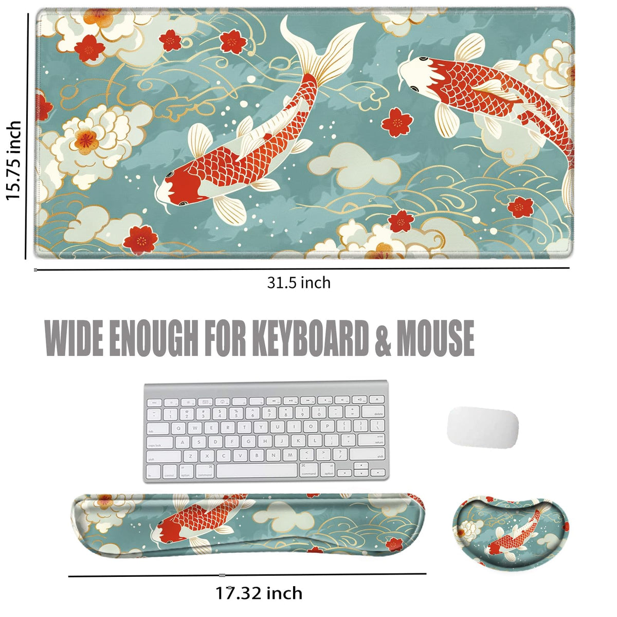 Koi Fish Desk Mat Set Carp Mousepad Gaming Mouse Pad and Keyborad Wrist Rest XXL Desk Pad 31.5" x