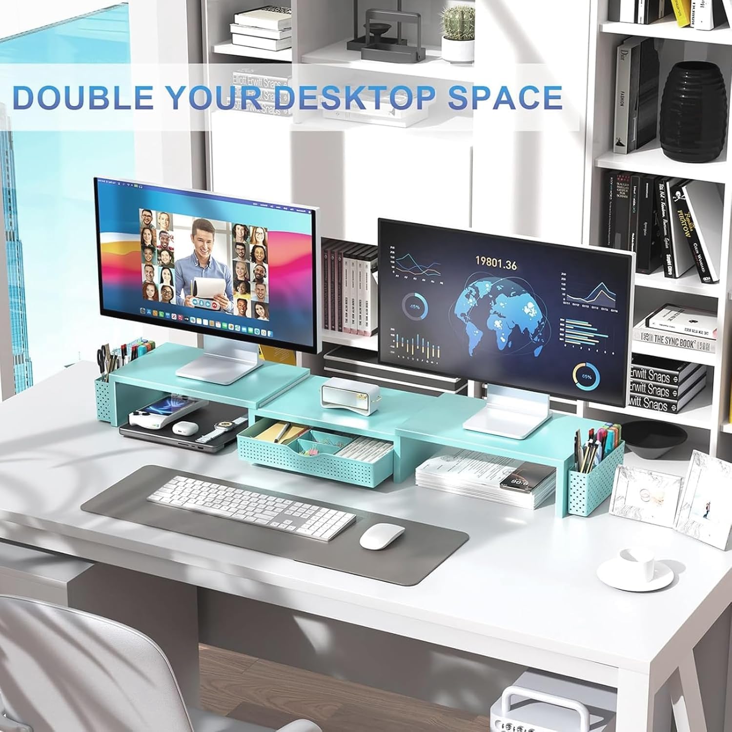 gianotter Dual Monitor Stand Riser With Drawer and 2 Pen Holders