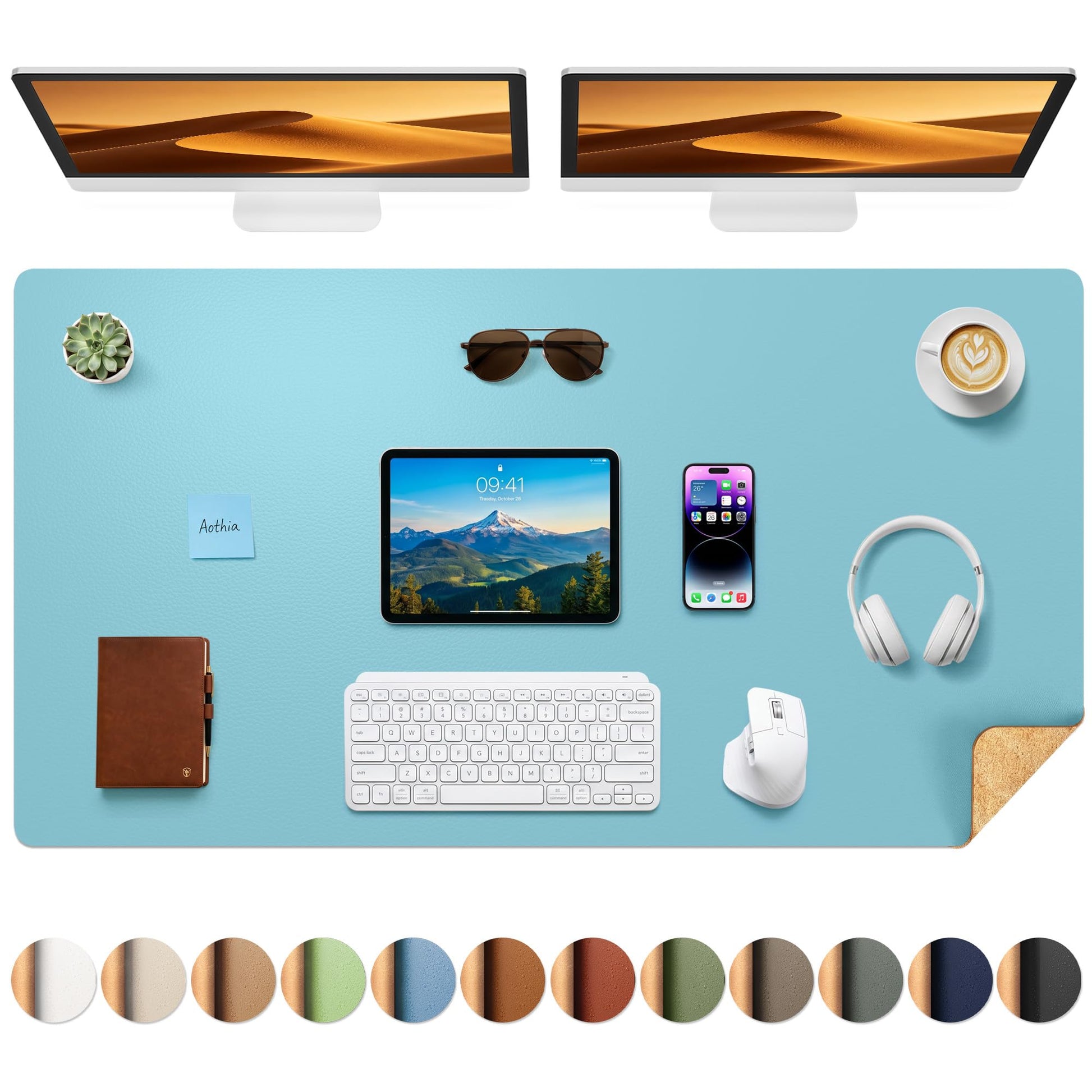 Aothia Cork Desk Mat - Dual-Sided XL PU Leather Desk Pad & Full Desk Protector, Large Waterproof