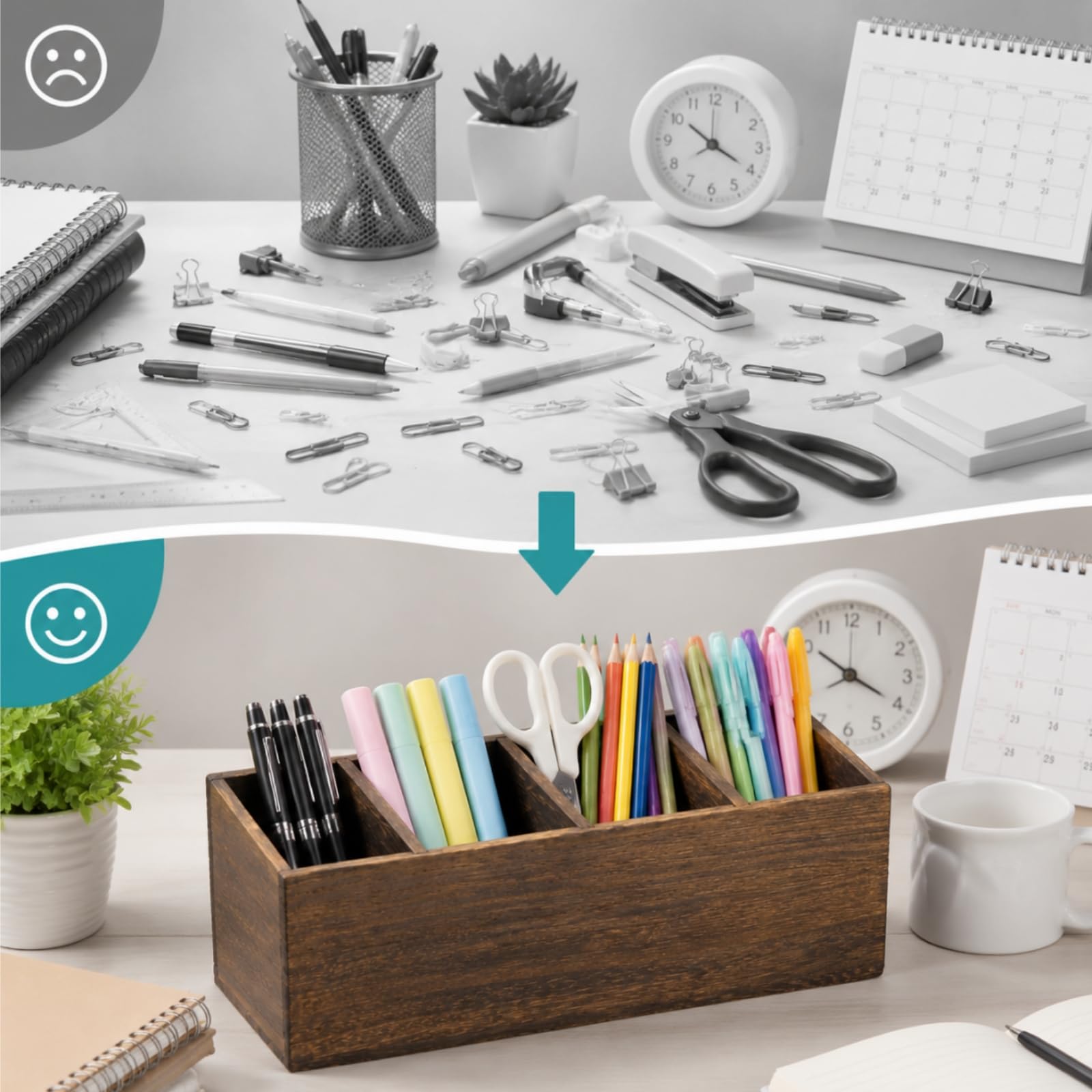 Dicunoy 2 Pack Wooden Pencil Holder for Desk, Rustic Wood Remote Control Holder Caddys, Retro Table