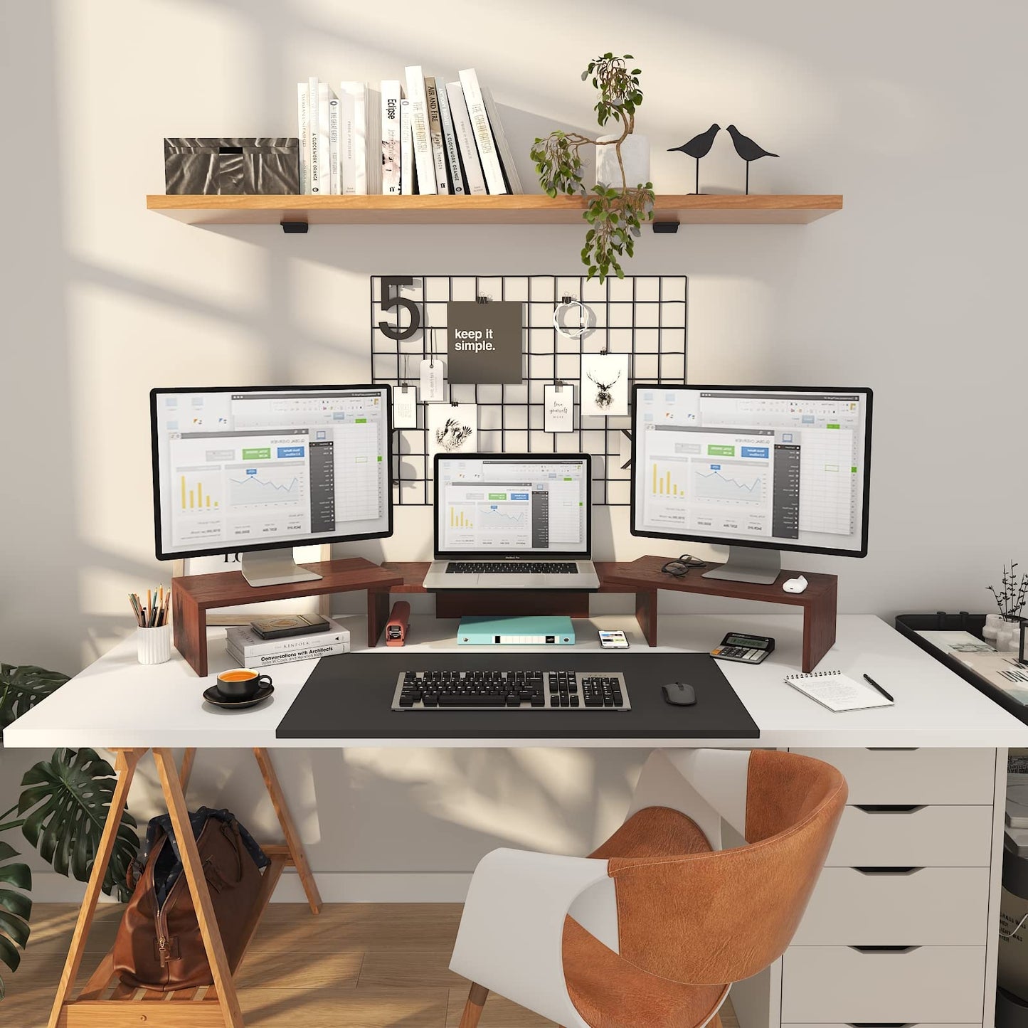 WESTREE Triple Monitor Stand Riser - Extra Long, Adjustable Length & Angle, 3 Shelf Desktop Storage